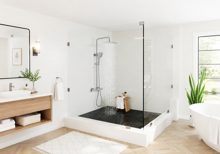 9.8" Thermostatic Rain Shower Faucet with Tub Spout in Brushed Nickel