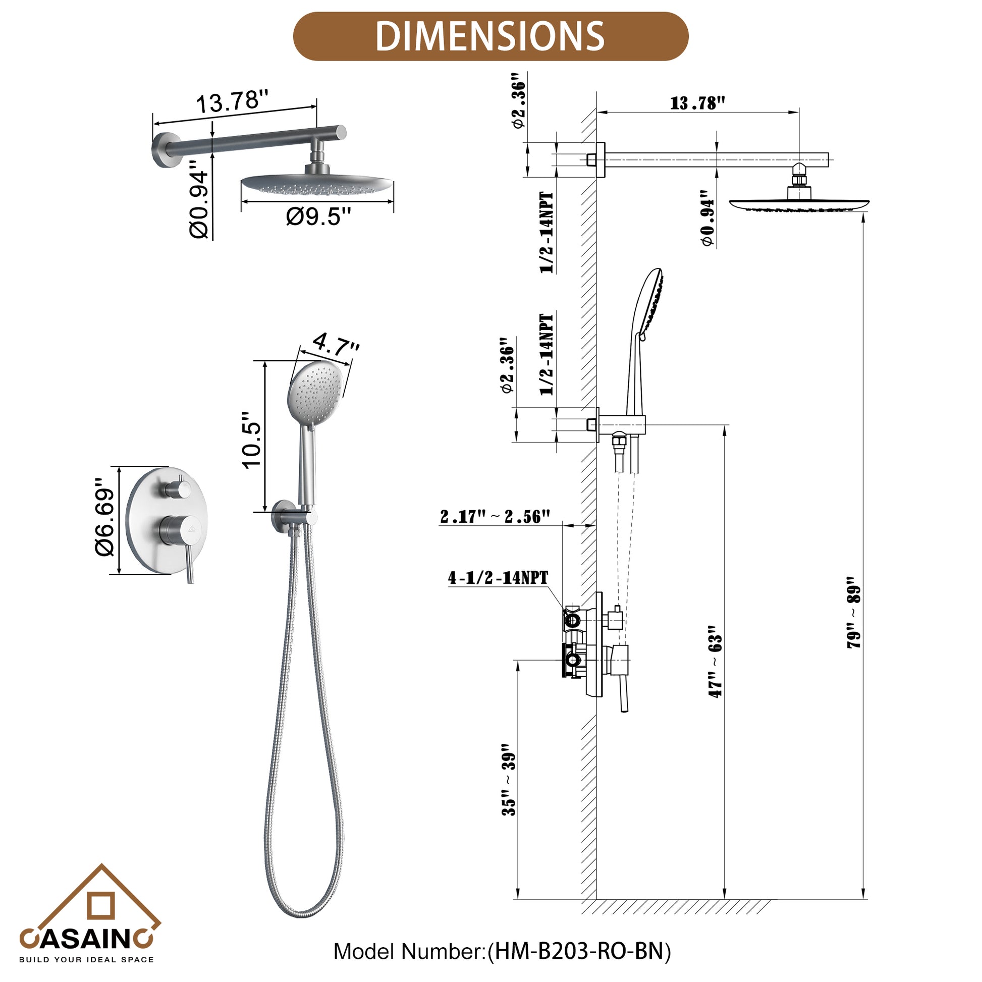 CASAINC 9.5'' Wall-mounted rain shower faucet with pressure balanced valve