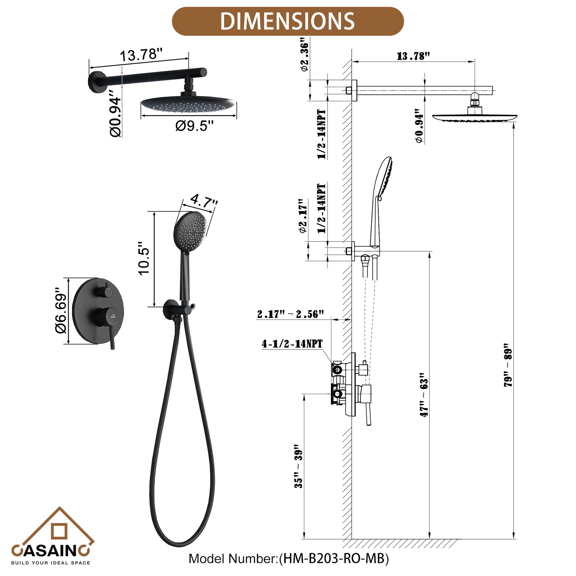 CASAINC 9.5'' Wall-mounted rain shower faucet with pressure balanced valve
