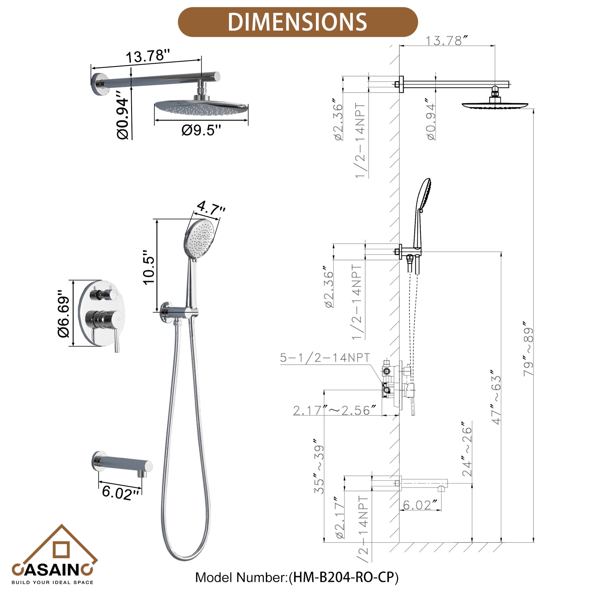 CASAINC 9.5inch Wall-mounted rain shower faucet with pressure balanced valve