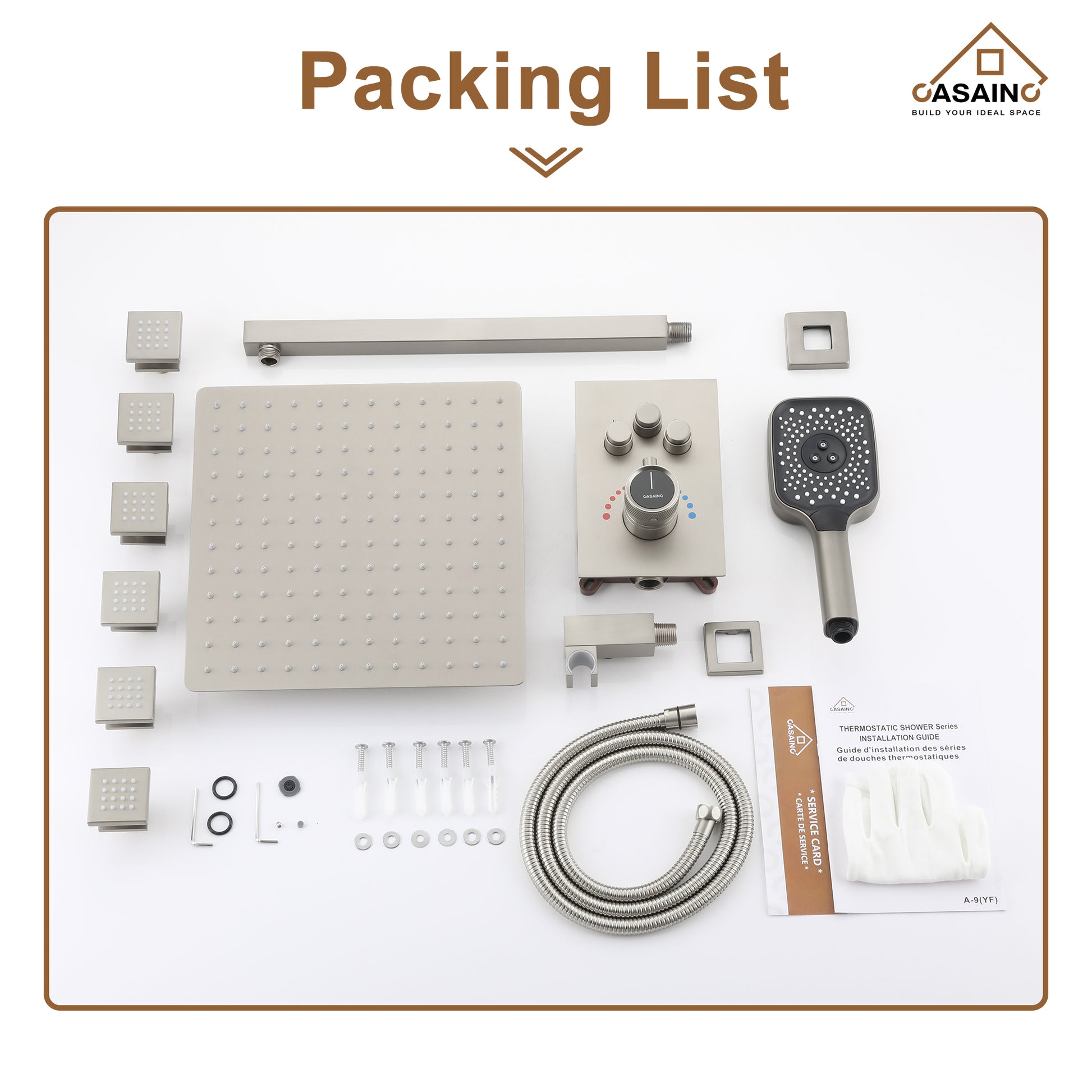 Wall Mount 12 Inch Rainfall Shower Head 3 Function Thermostatic Shower System  with 6 Body Jets