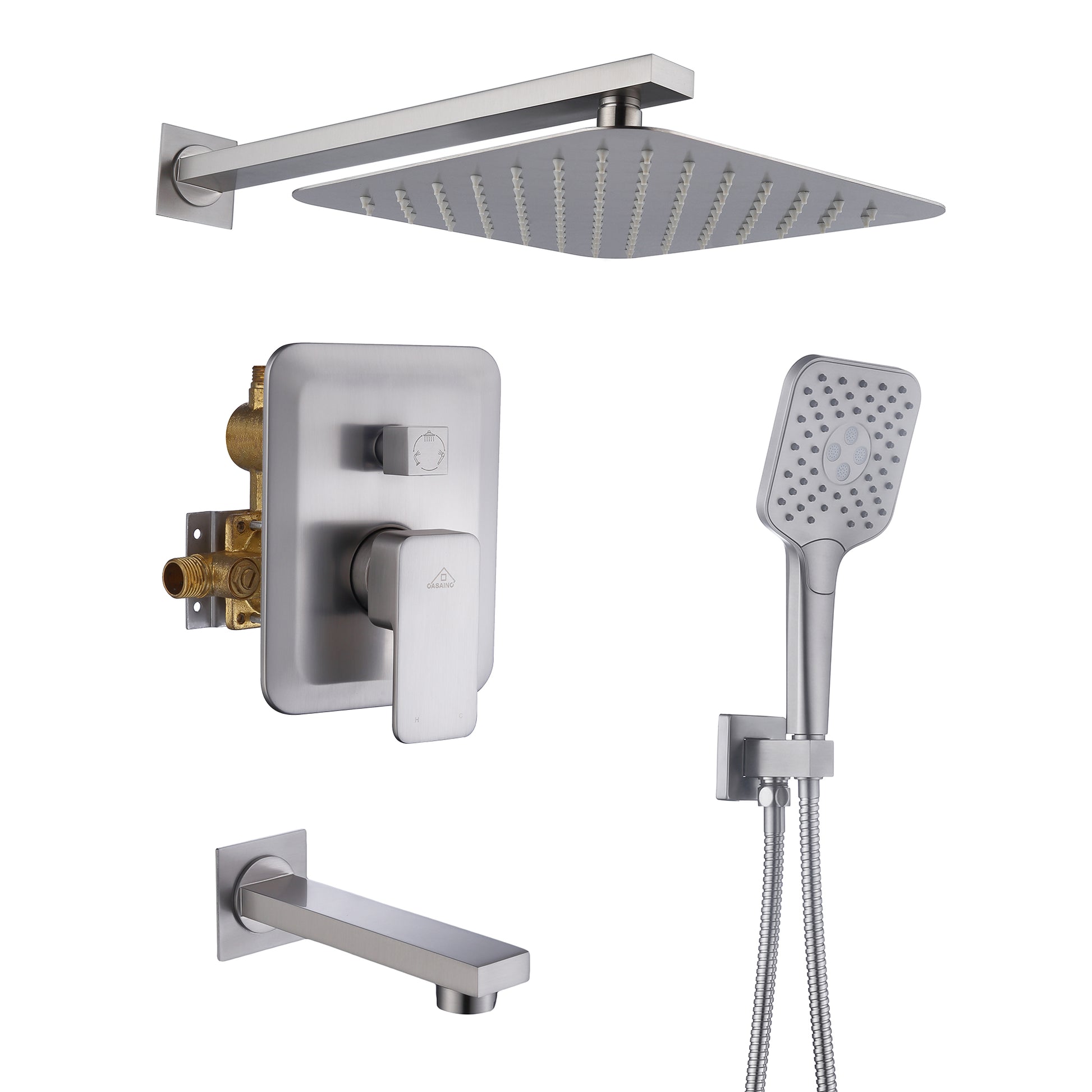 CASAINC 10 inch Square Wall-mounted rain shower faucet with pressure balanced valve