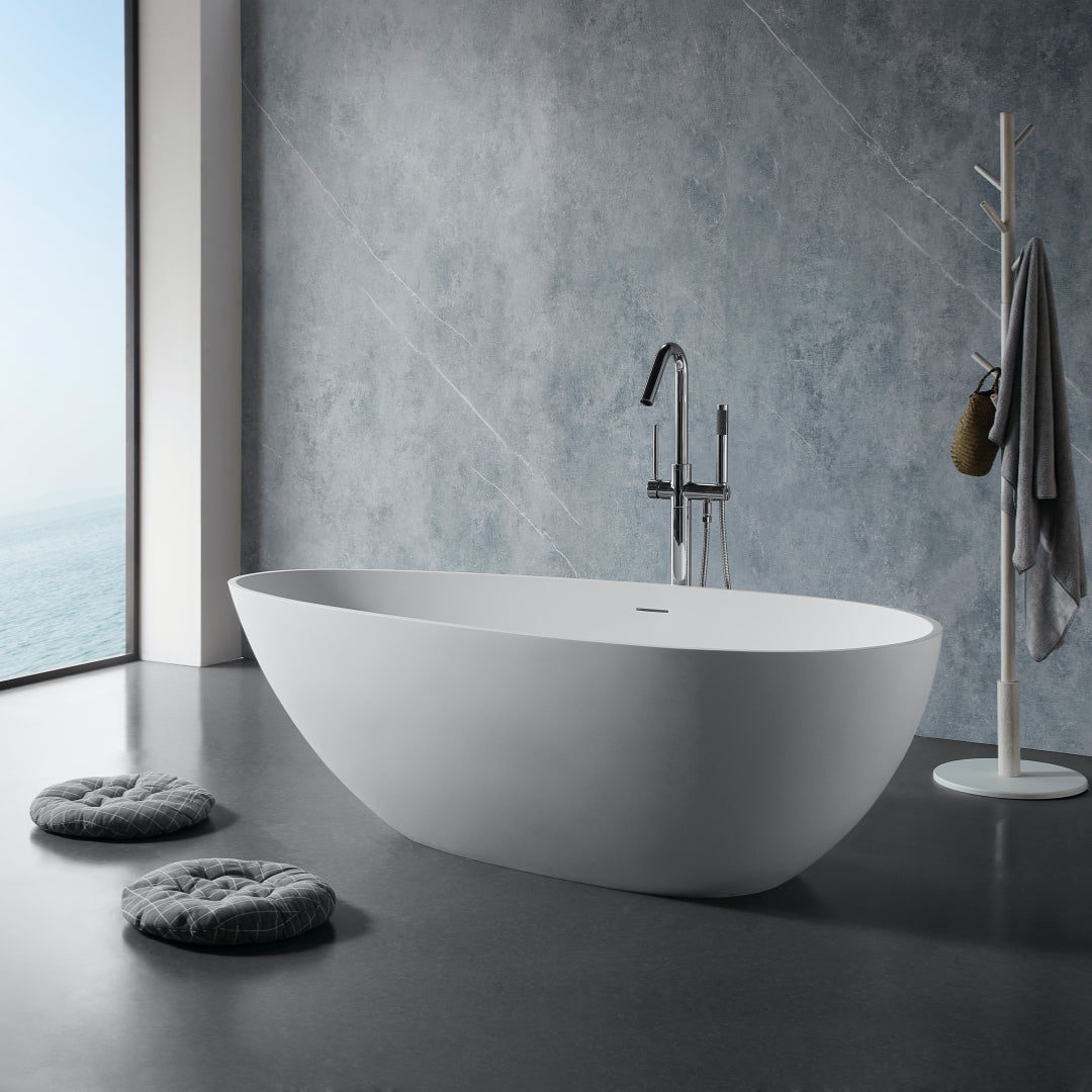 59" Matte White Egg-Shaped Stone Resin Freestanding Soaking Tub, cUPC Certified