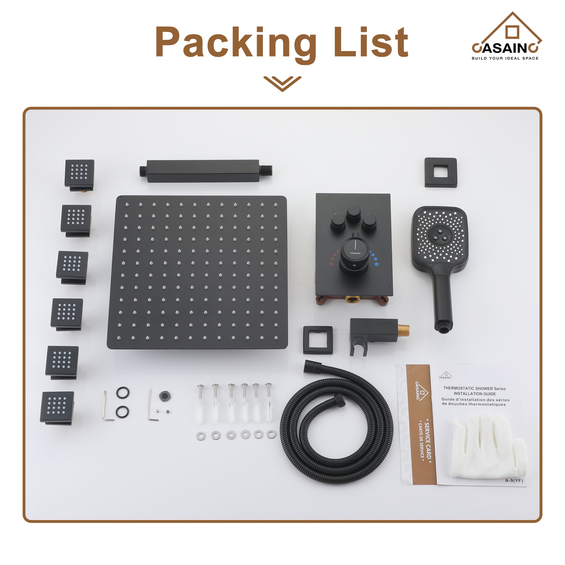 Celling Mount 12 Inch Rainfall Shower Head 3 Function Thermostatic Shower System  with 6 Body Jets