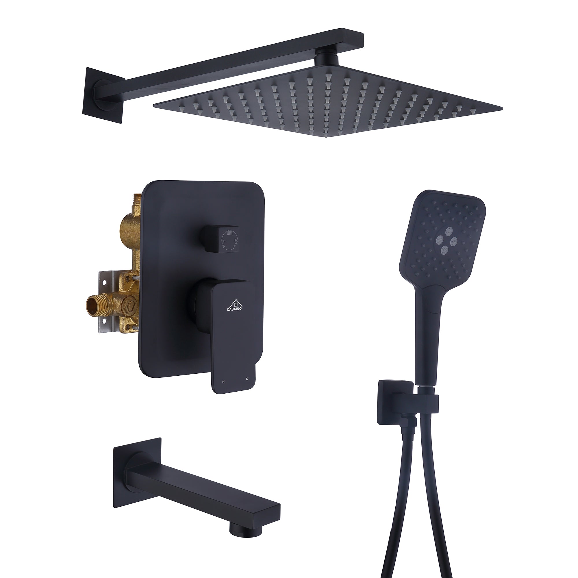 CASAINC 10 inch Square Wall-mounted rain shower faucet with pressure balanced valve