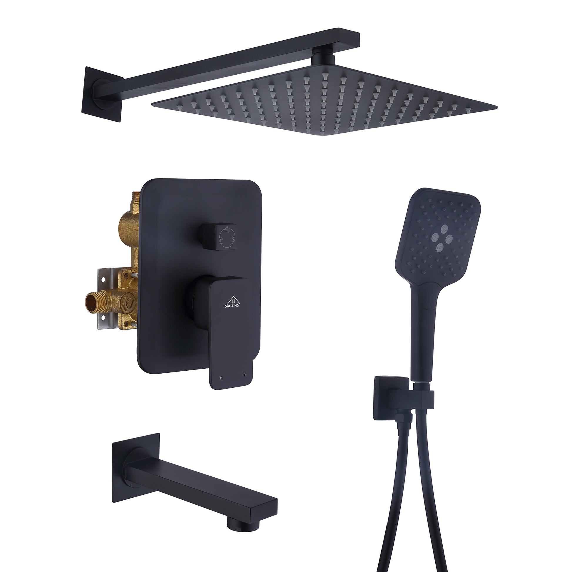 CASAINC 10 inch Square Wall-mounted rain shower faucet with pressure balanced valve