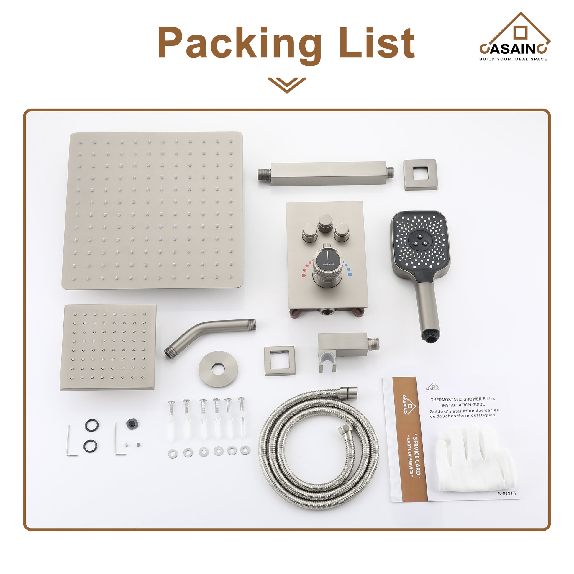 Celling Mount 12 Inch Rainfall Shower Head 3 Function Thermostatic Shower System  Wth Wall Mount 6 Inch Regular Shower Head
