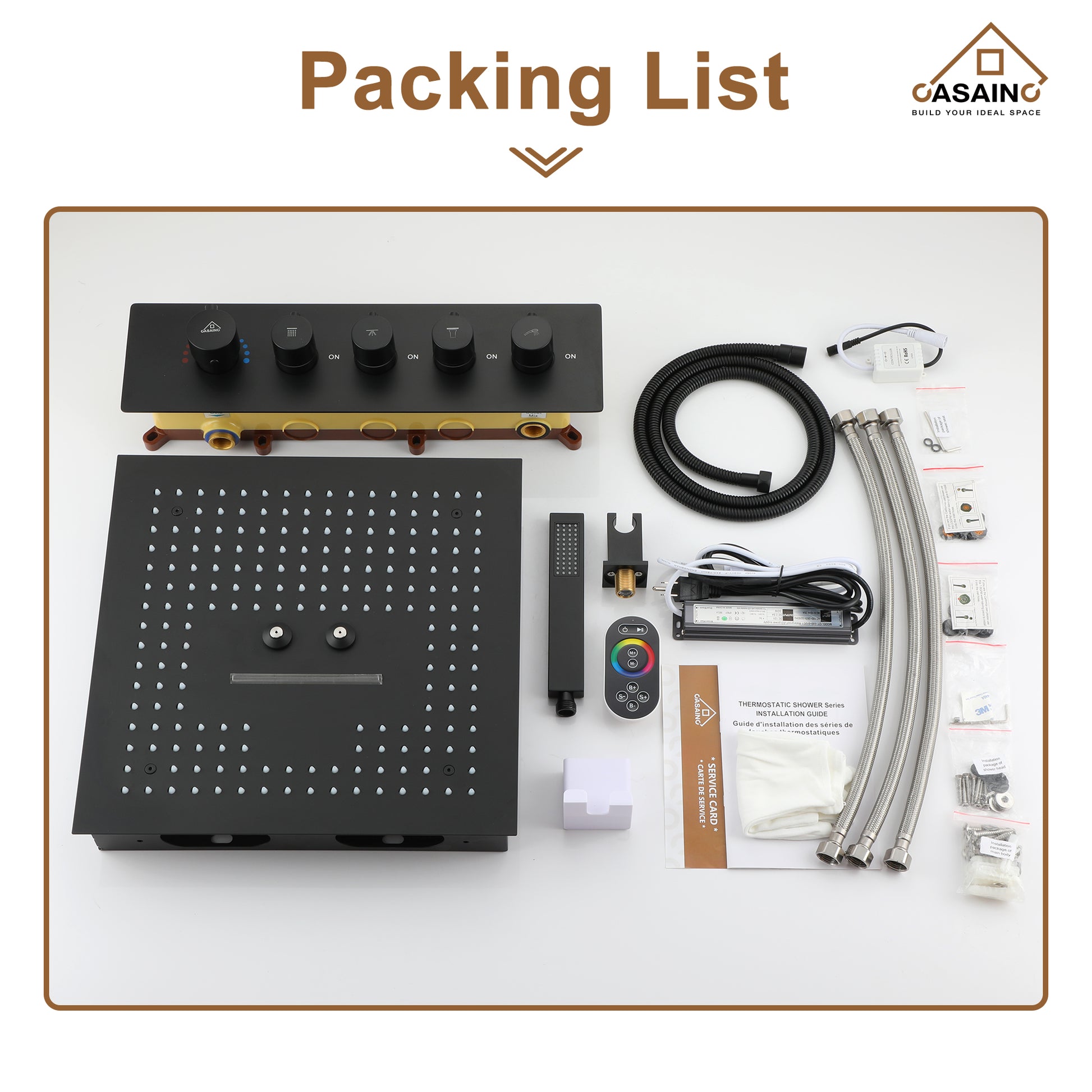 Luxury 4 Functions (Rainfall, Waterfall, Misty, Handheld) Shower System , 16 Inch Thermostatic Rain Shower Set with Multi-Function Remote Control 64 Color Lights