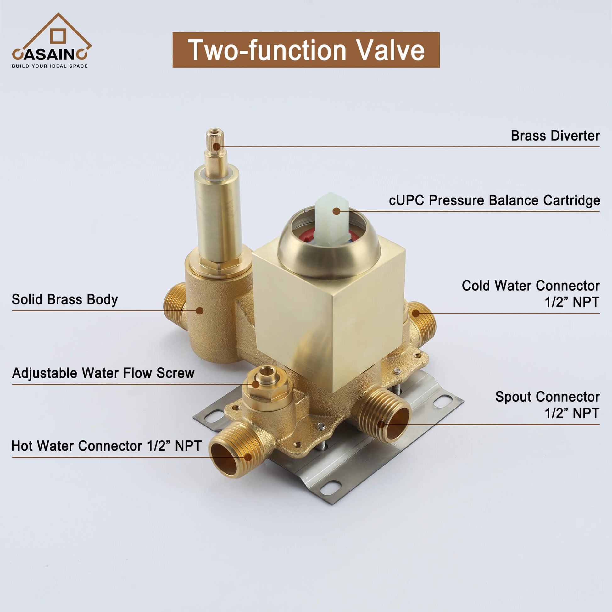 Casainc 2-Function Wall-Mounted/Ceiling-Mounted Shower System with Handheld Shower in Brushed Gold
