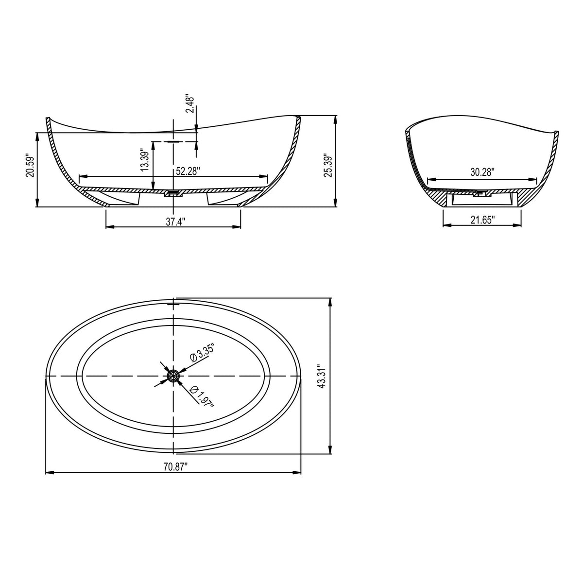 70" Matte White Solid Surface Freestanding Soaking Bathtub