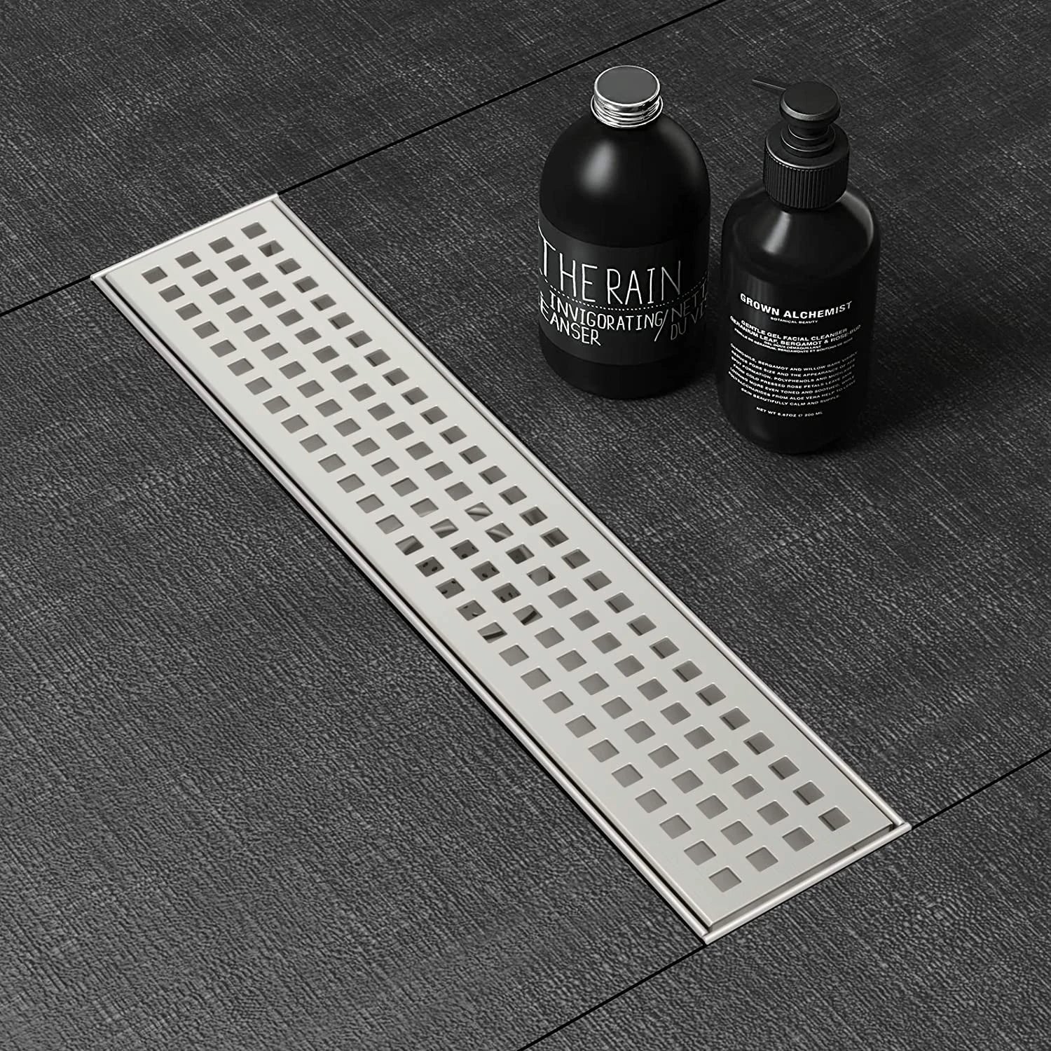 Linear Shower Drain with Removable Patterned Grate Cover Hair Strainer and Leveling Feet