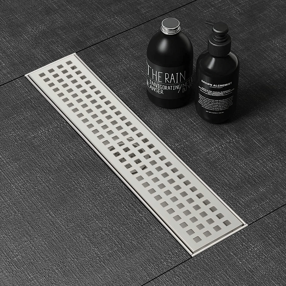 Linear Shower Drain with Removable Patterned Grate Cover Hair Strainer and Leveling Feet