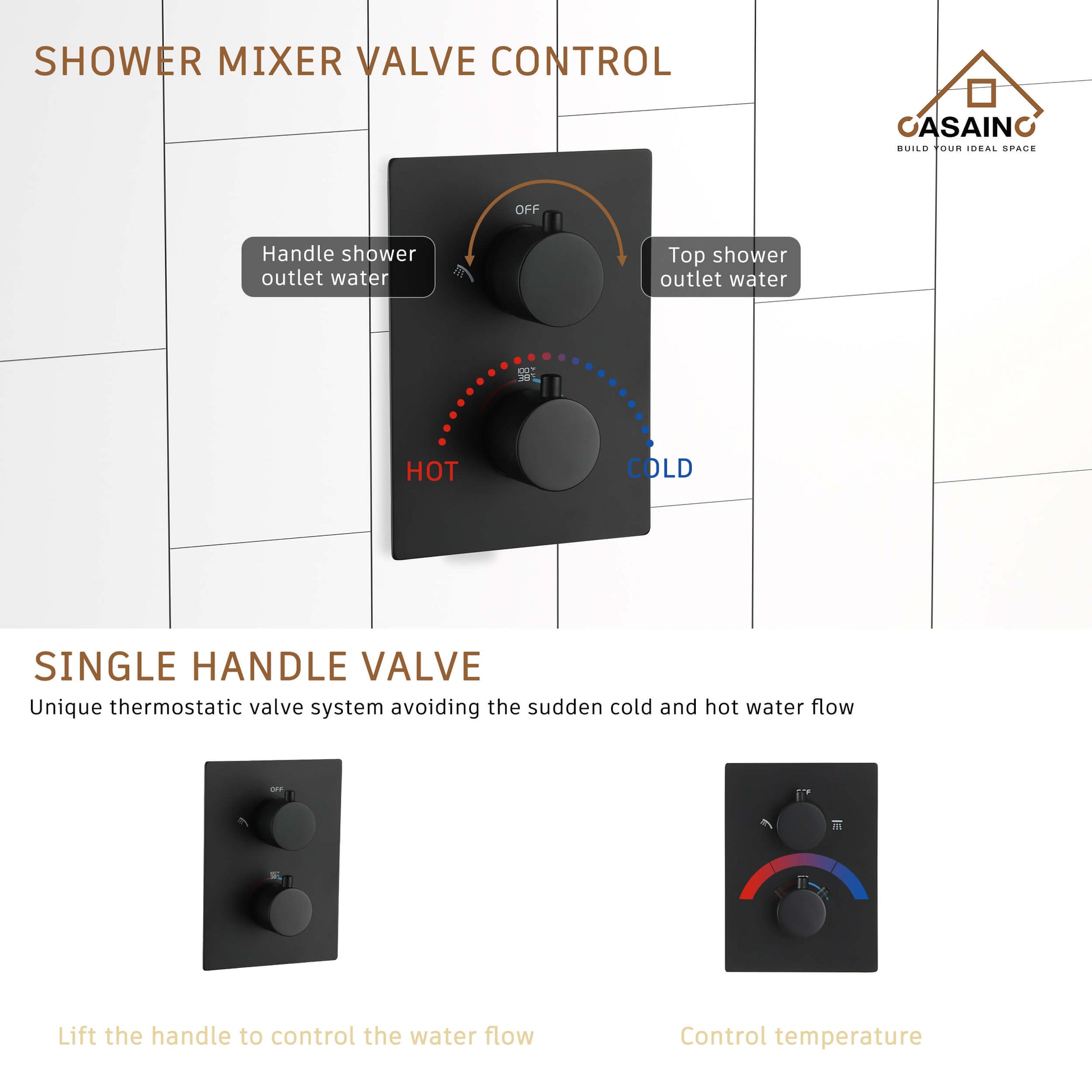CASAINC Matte Black Wall Mounted Bathroom Shower Faucet Set