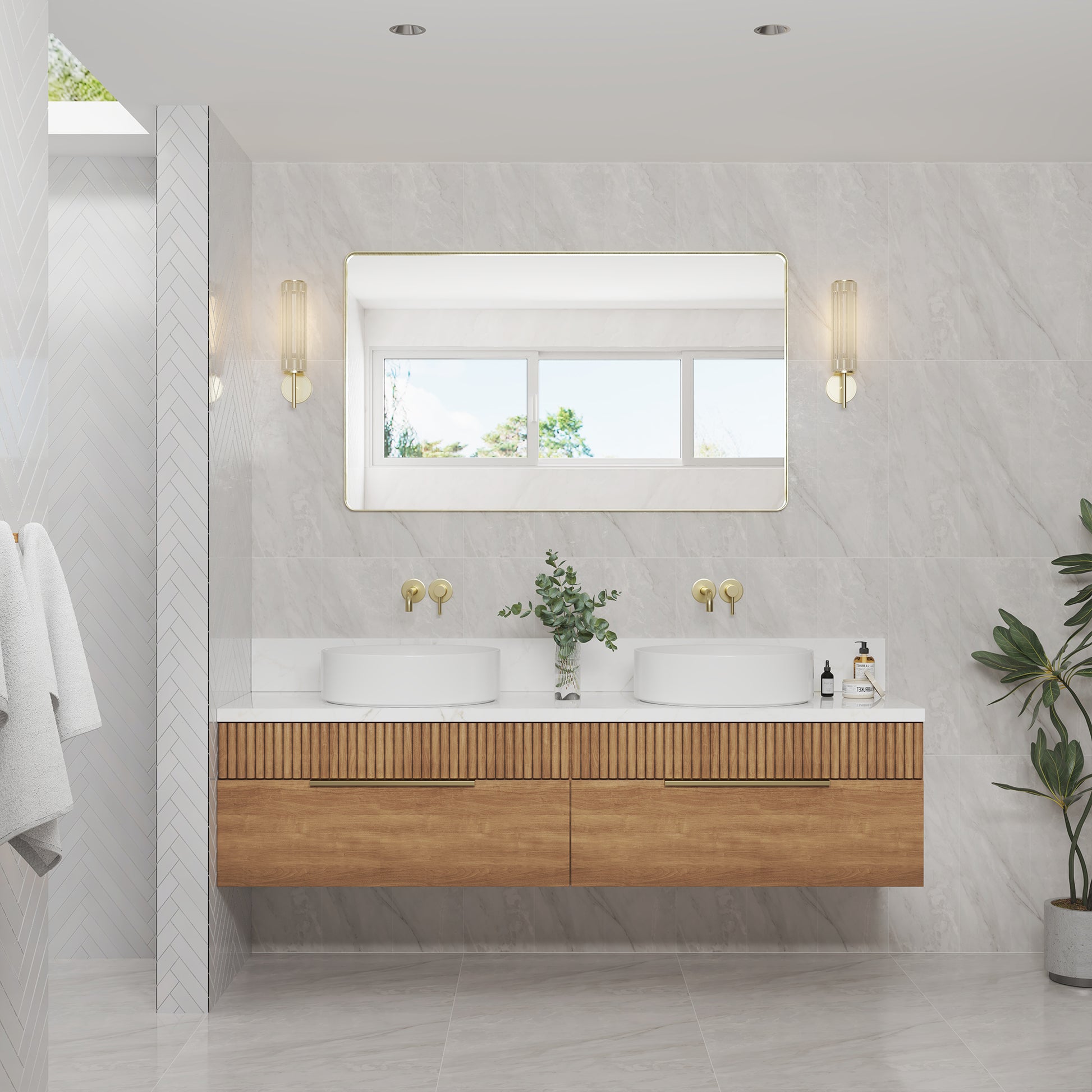 Tempered Glass Wall-Mounted Mirror with Gold Metal Frame