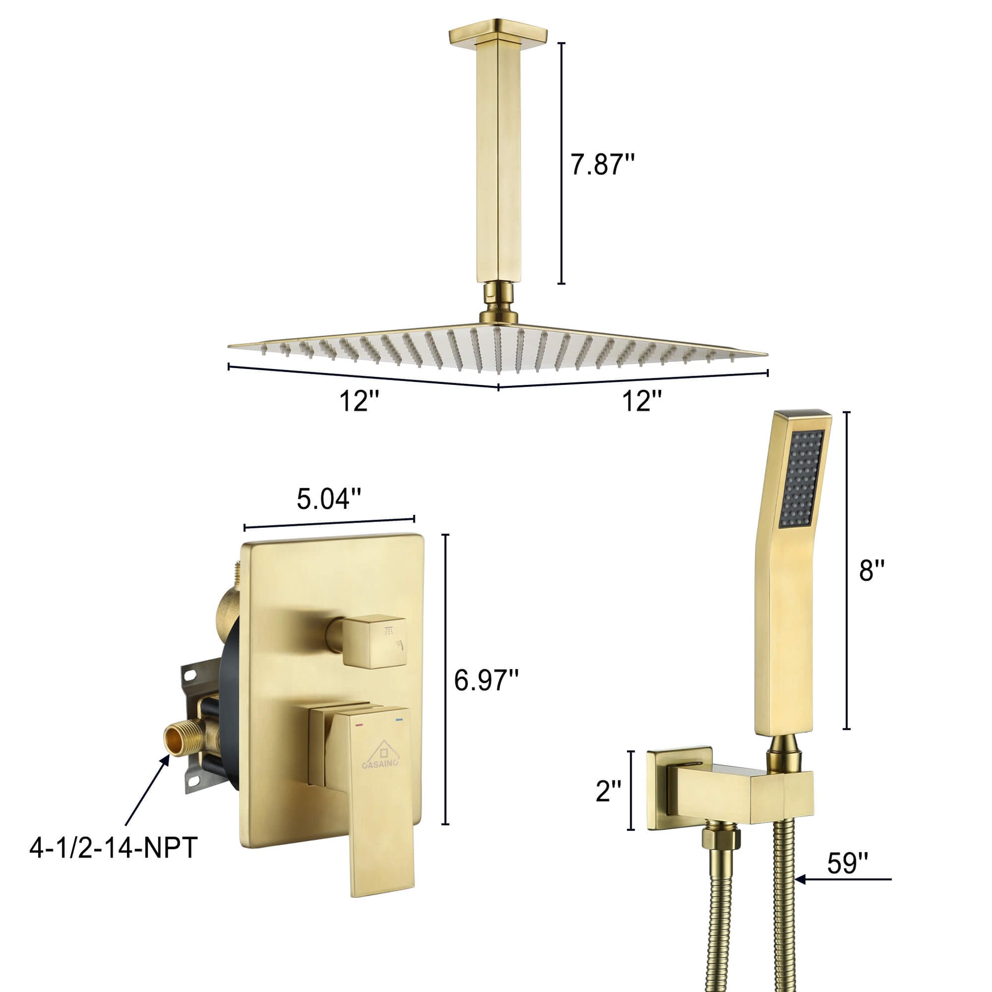 Casainc 2-Function Wall-Mounted/Ceiling-Mounted Shower System with Handheld Shower in Brushed Gold
