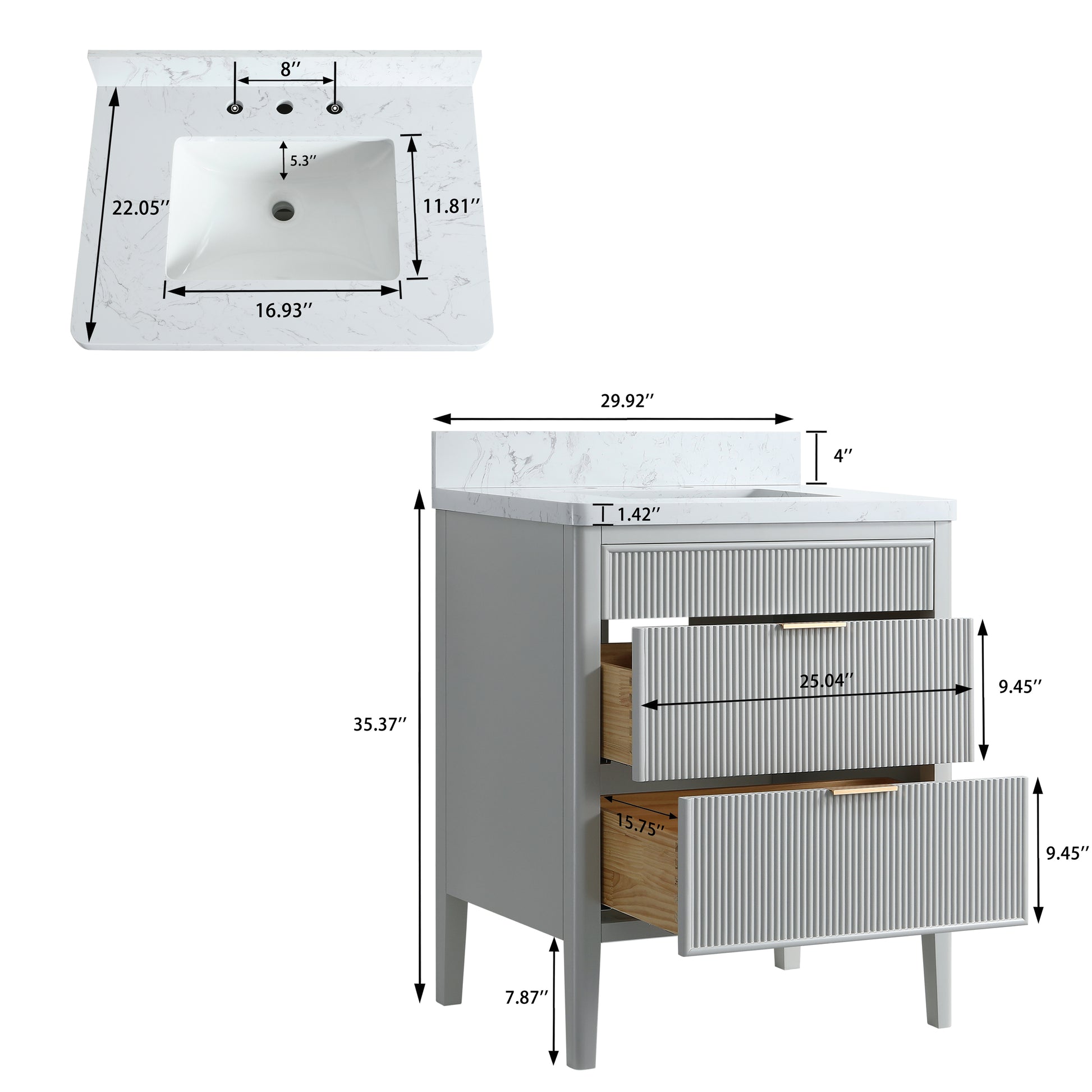 30"/36"/48" Freestanding Single Sink Bathroom Vanity with Solid Wood Construction & Marble Top
