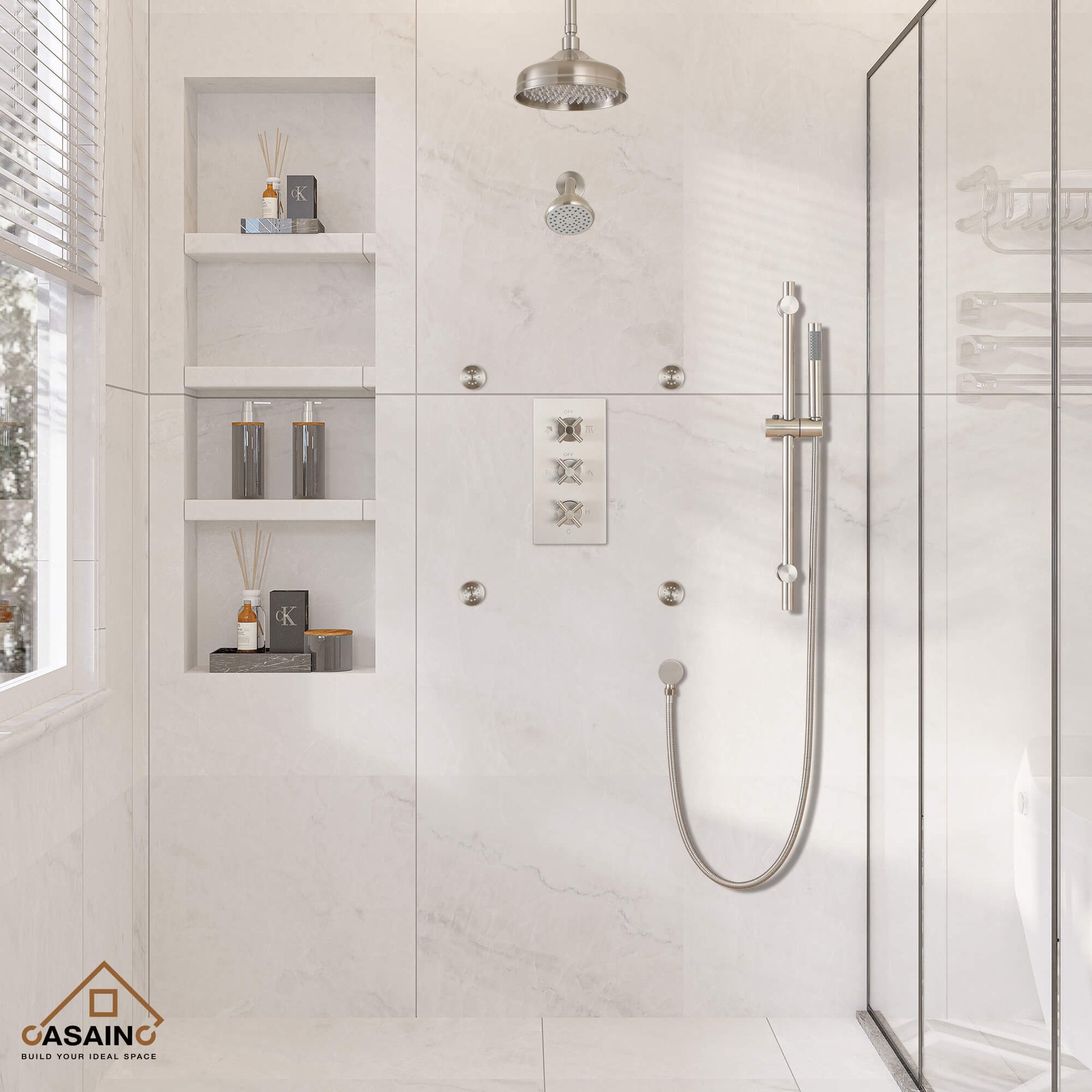 CASAINC 8" Multifunctional Shower System with Sliding Bar & Handheld Shower & 4 Body Sprays 