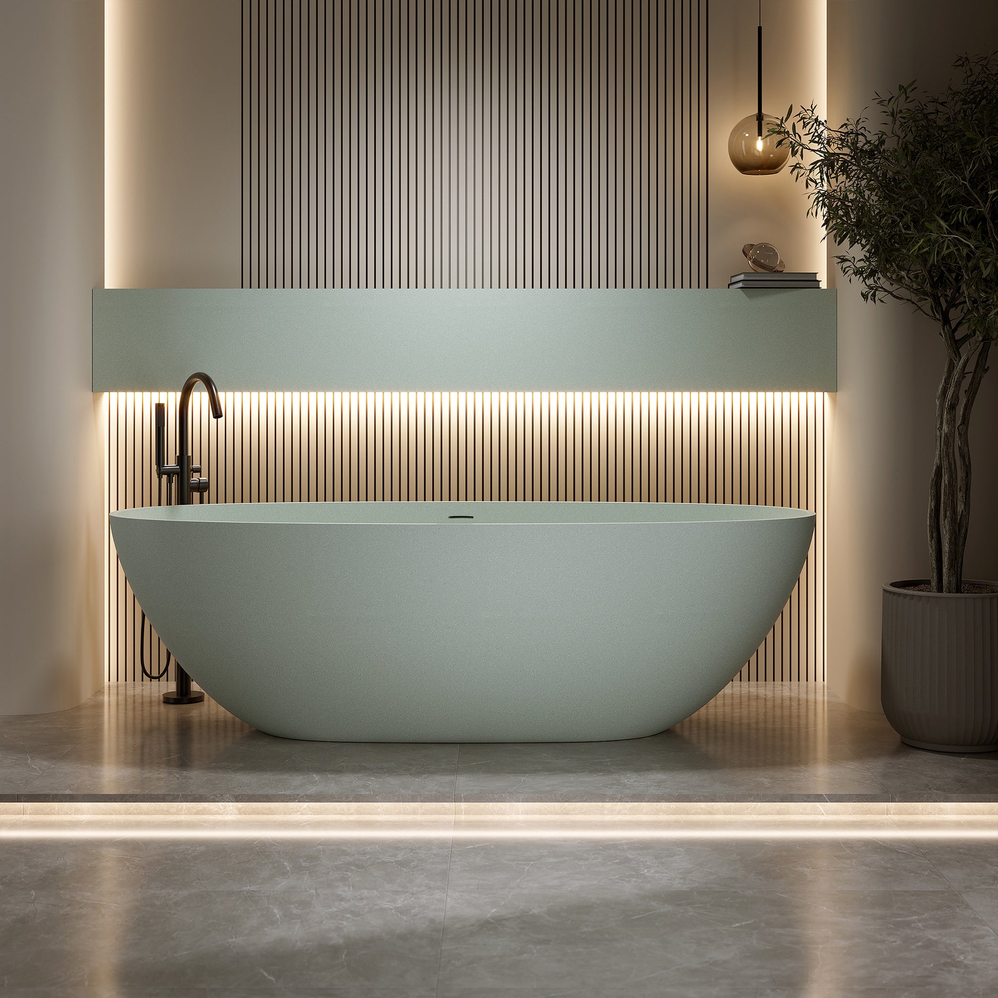 55"/59"/63"/67"/71" Turquoise Green Stone Resin Freestanding Bathtub with Center Overflow and Drain