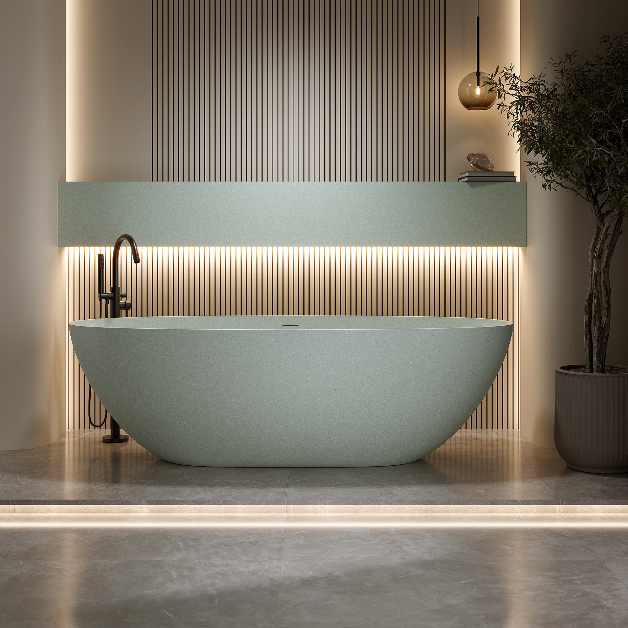 55"/59"/63"/67"/71" Turquoise Green Stone Resin Freestanding Bathtub with Center Overflow and Drain