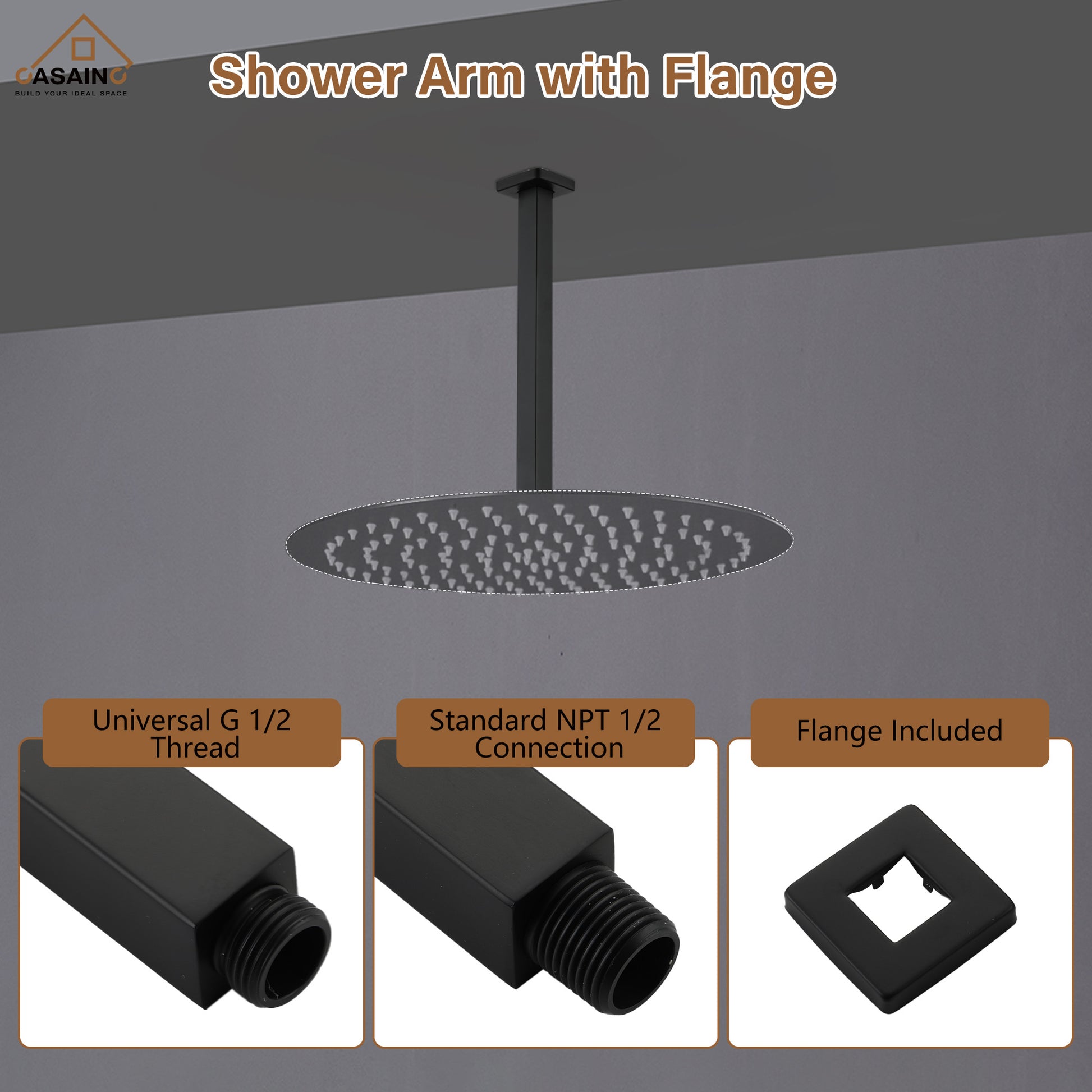 7.87"/11.81" Square Ceiling-Mounted Shower Arm with Flange Cover