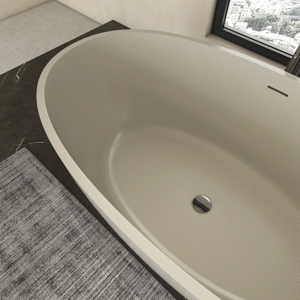 55" Light Beige Solid Surface Freestanding Soaking Bathtub