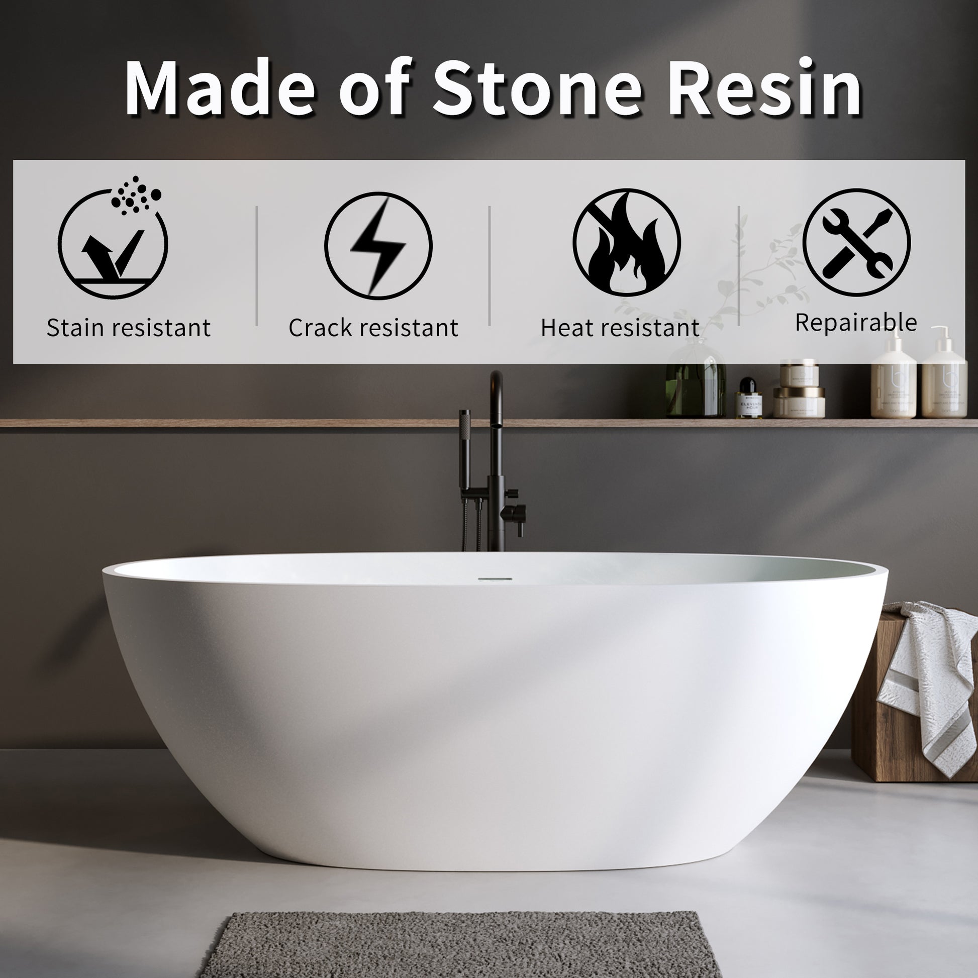 55"/59"/63"/67"/71" Freestanding Solid Surface Soaking Bathtub with Smooth Matte Finish