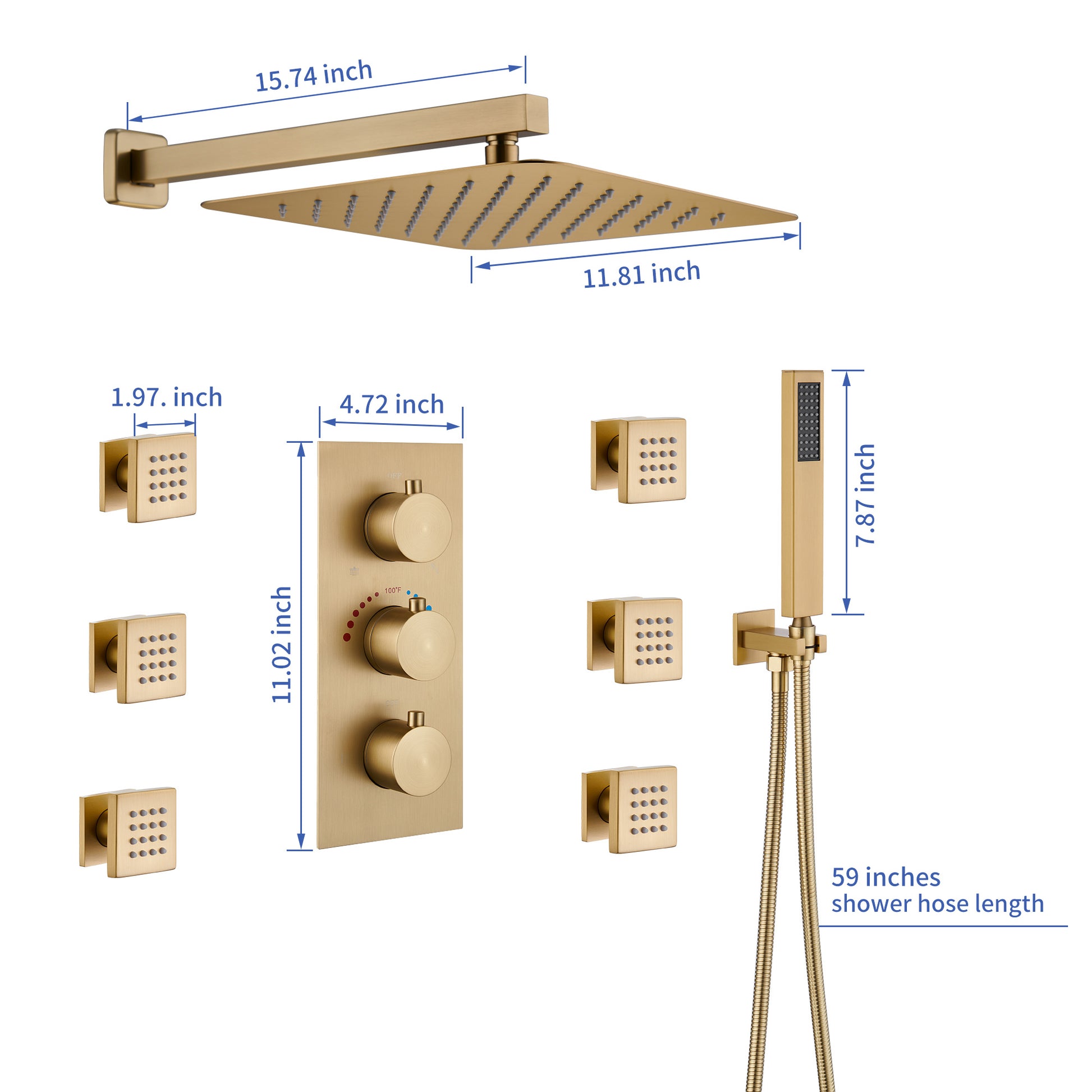 12" Thermostatic Rainfall Shower System with Handheld & Body Jets