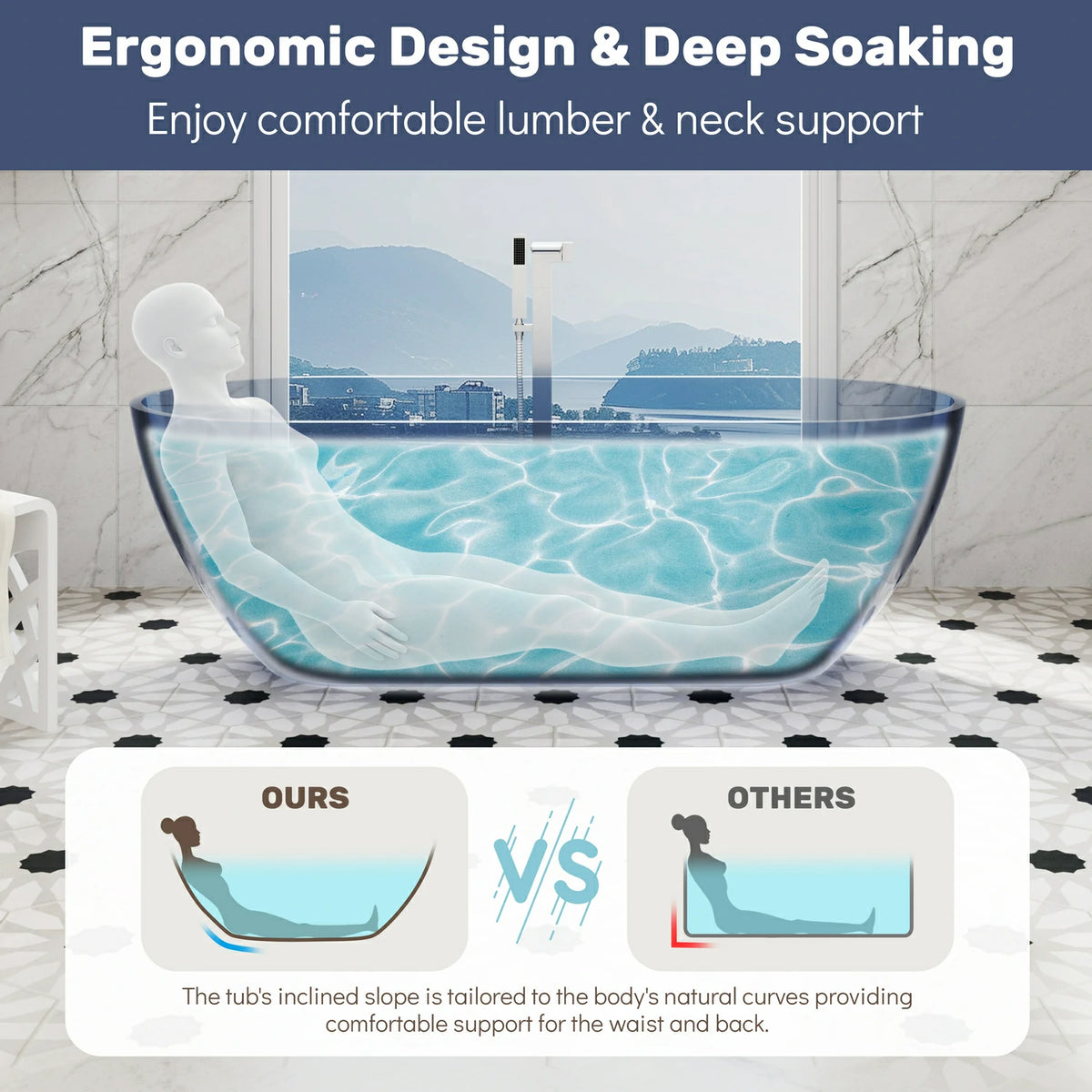 68.9" Modern Oval Freestanding Bathtub, Translucent Grey Blue Deep Soaking Tub for Bathroom