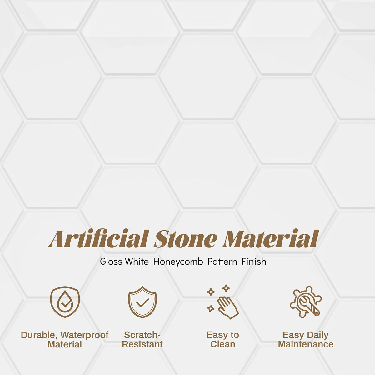 60" White Glossy Hexagon Shower Wall, Artificial Stone Shower Panel