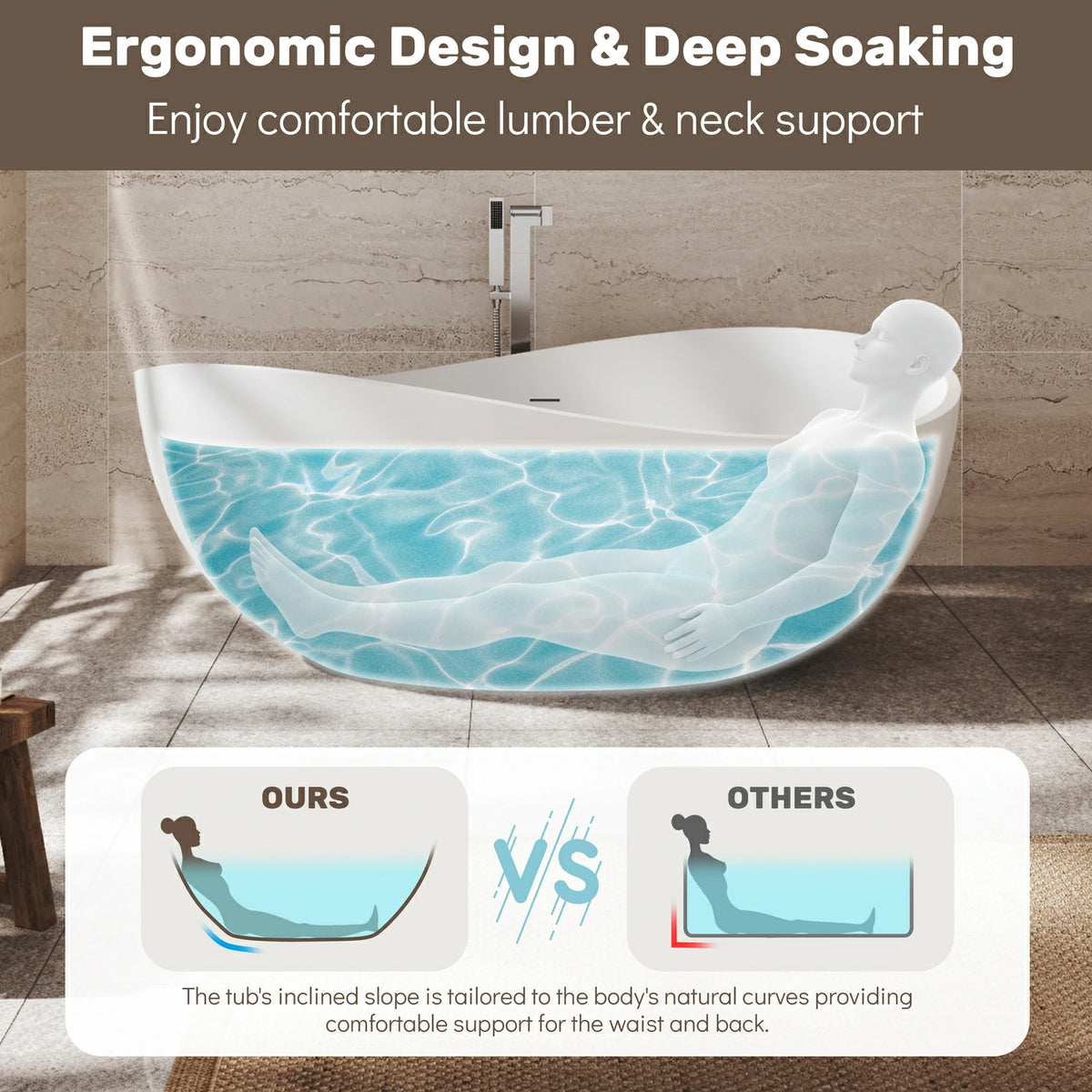 63" Modern Solid Surface Freestanding Soaking Bathtub with Sculptural Oval Design