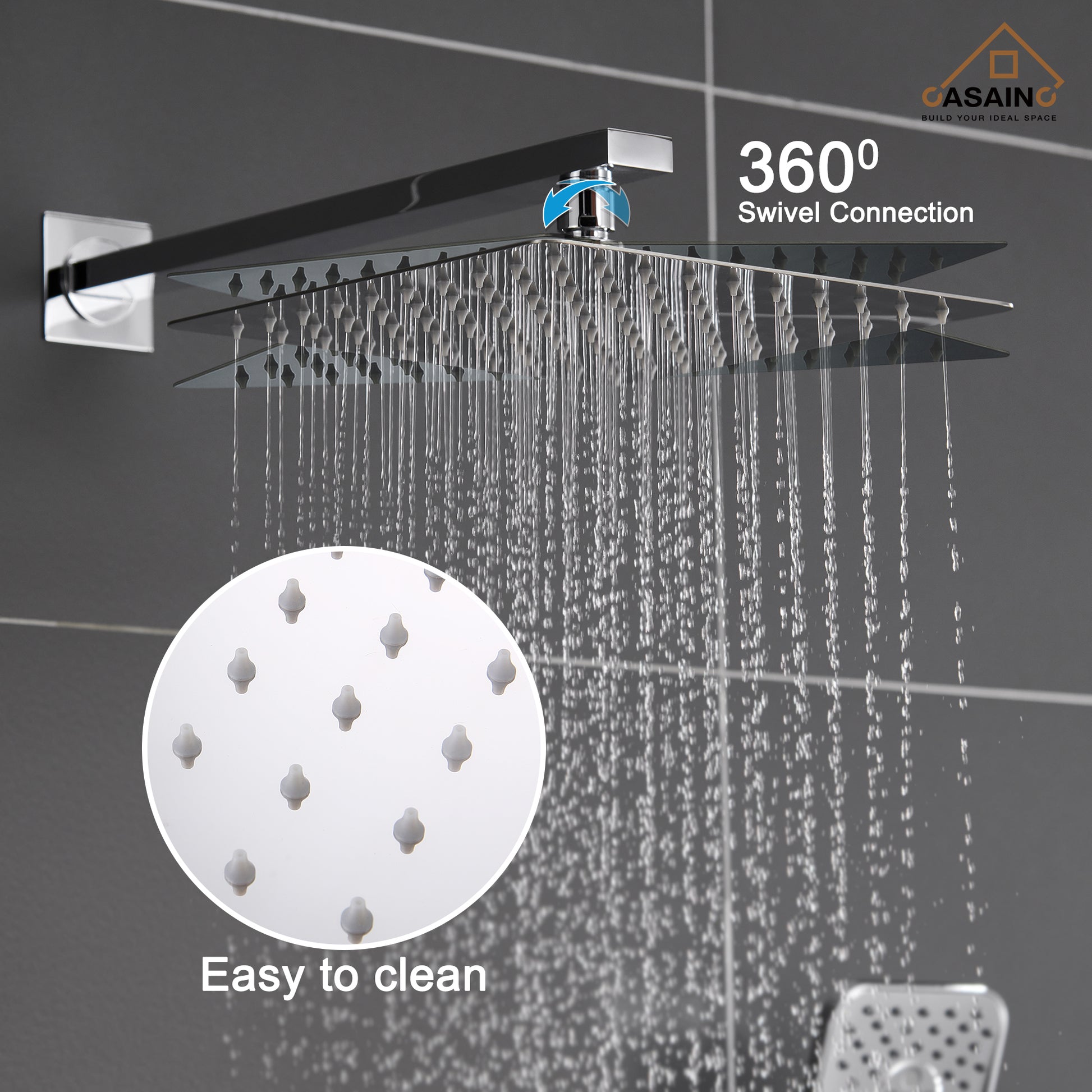 CASAINC 10 inch Square Wall-mounted rain shower faucet with pressure balanced valve