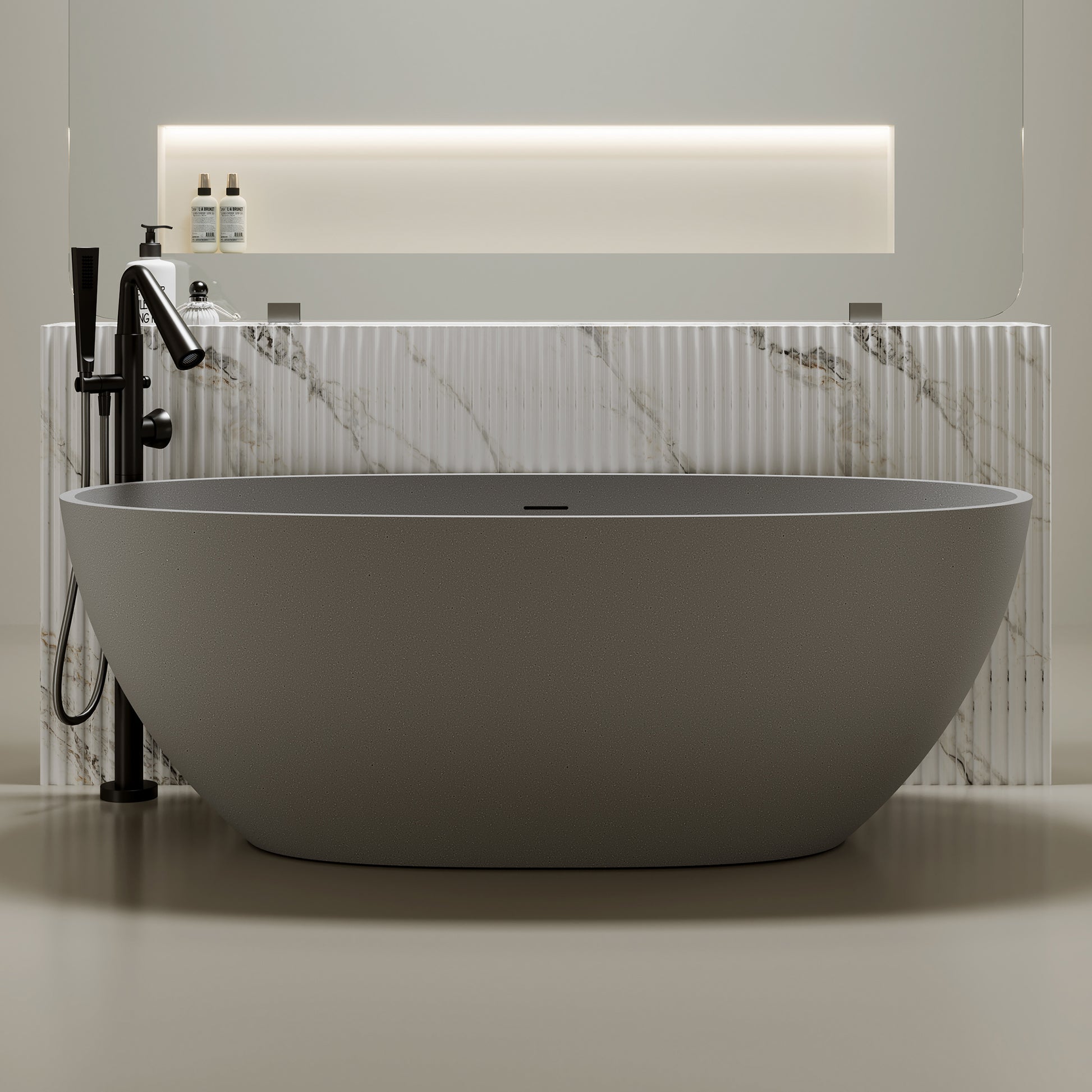 55"/59"/63"/67"/71" Contemporary Grey Stone Resin Soaking Tub with Oval Design and Center Overflow