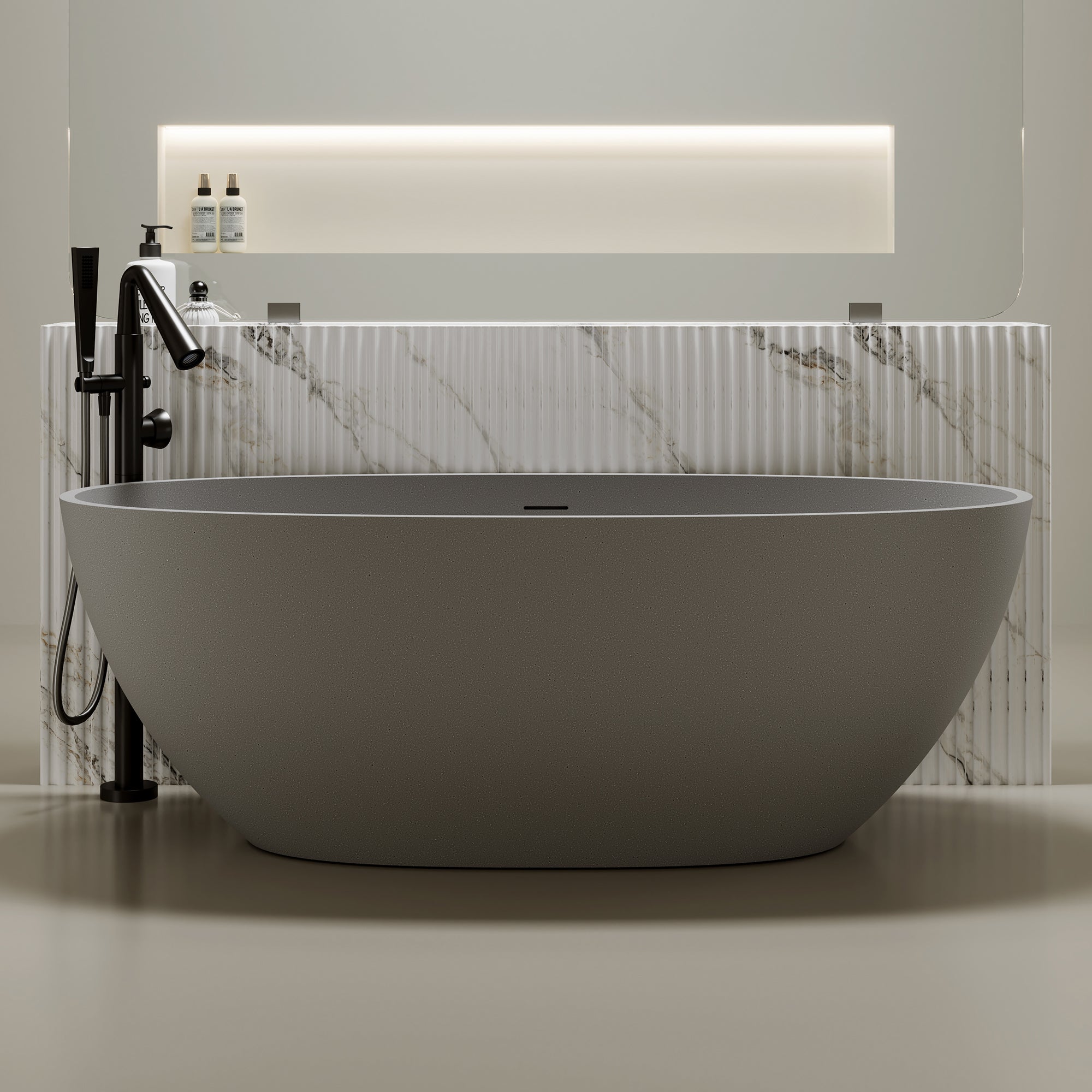 55"/59"/63"/67"/71" Contemporary Grey Stone Resin Soaking Tub with Oval Design and Center Overflow