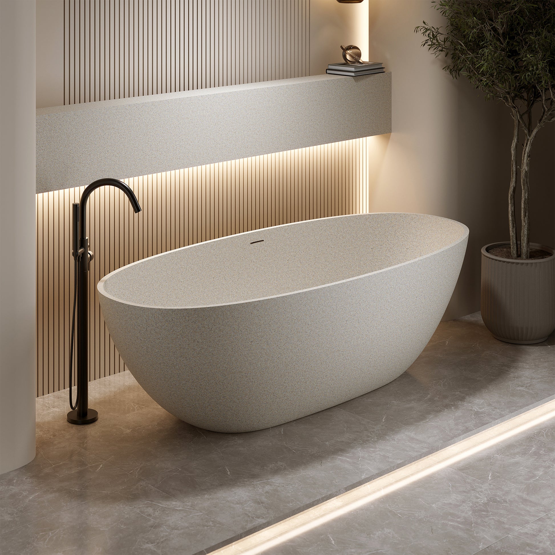 55"/59"/63"/67" Cream Grey Stone Resin Freestanding Soaking Bathtub with Center Overflow and Drain