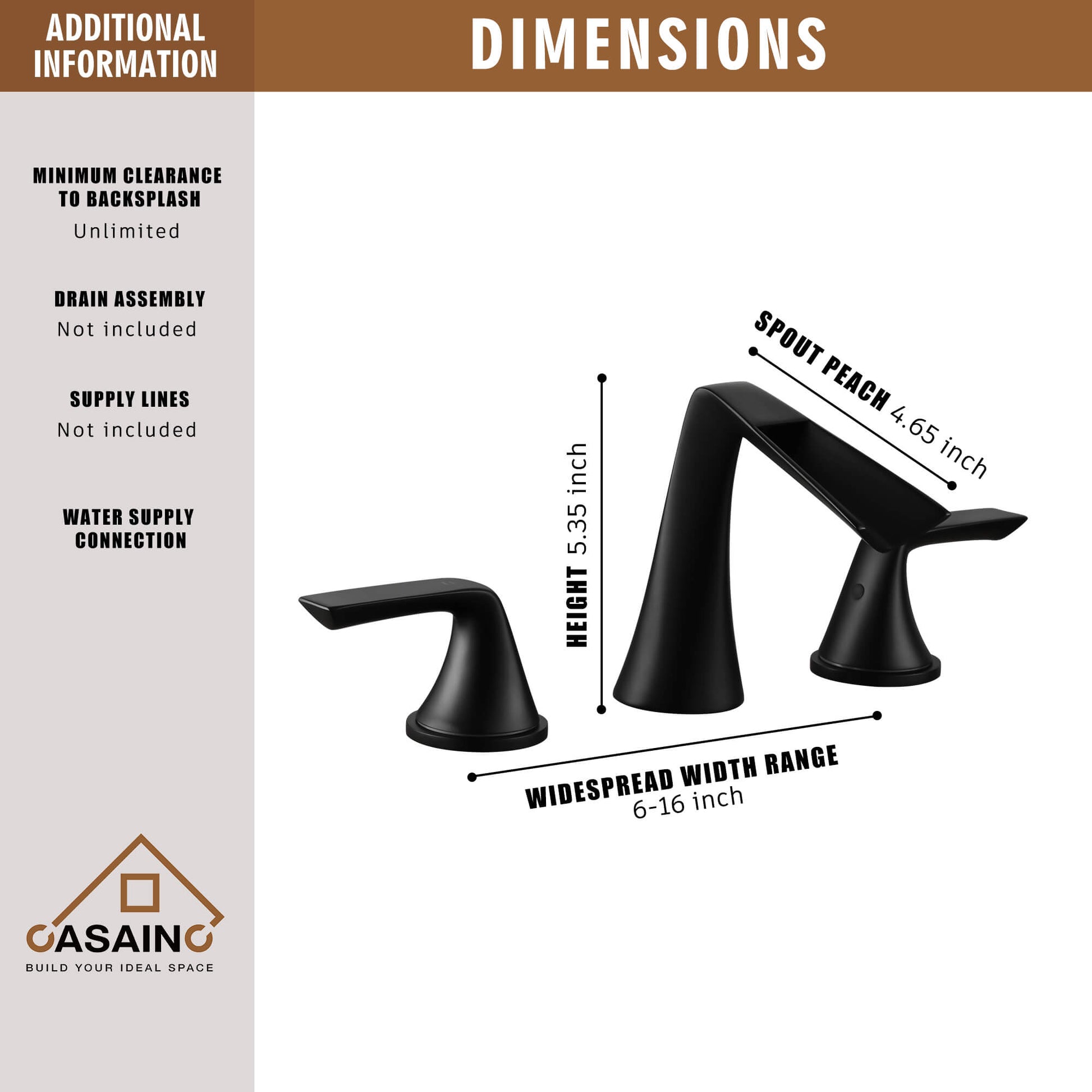 Casainc Matte Black 5.35-in 2-Handle Widespread Watersense Labelled Bathroom Sink Faucet