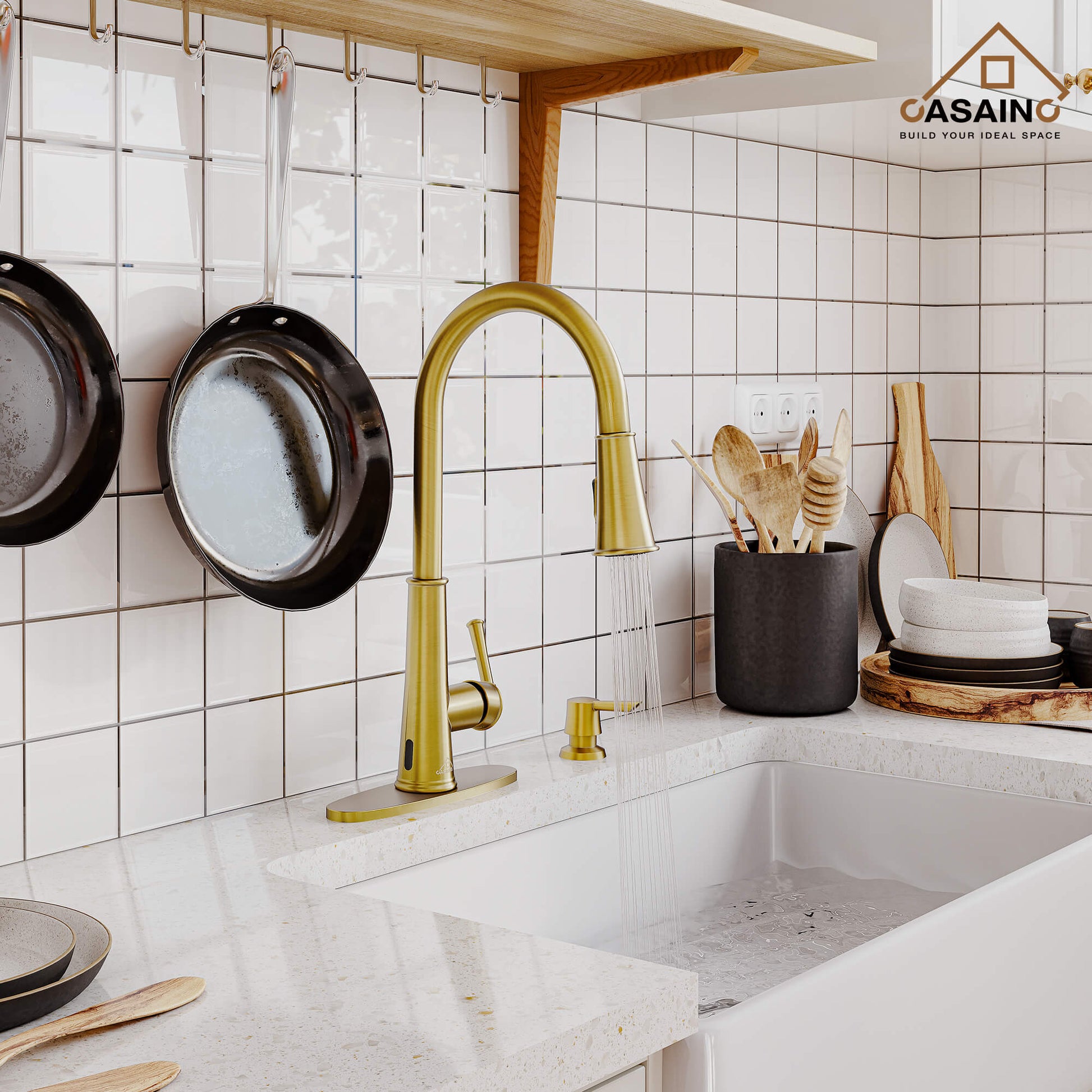 CASAINC Infrared Induction touchless pull down single handle Kitchen Faucet With LED Function in Matte Black/1.8gpm, soap dispenser contain-CASAINC