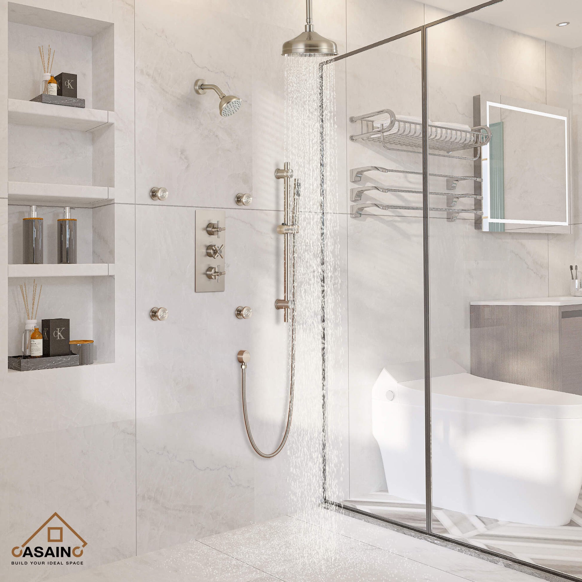 CASAINC 8" Multifunctional Shower System with Sliding Bar & Handheld Shower & 4 Body Sprays 