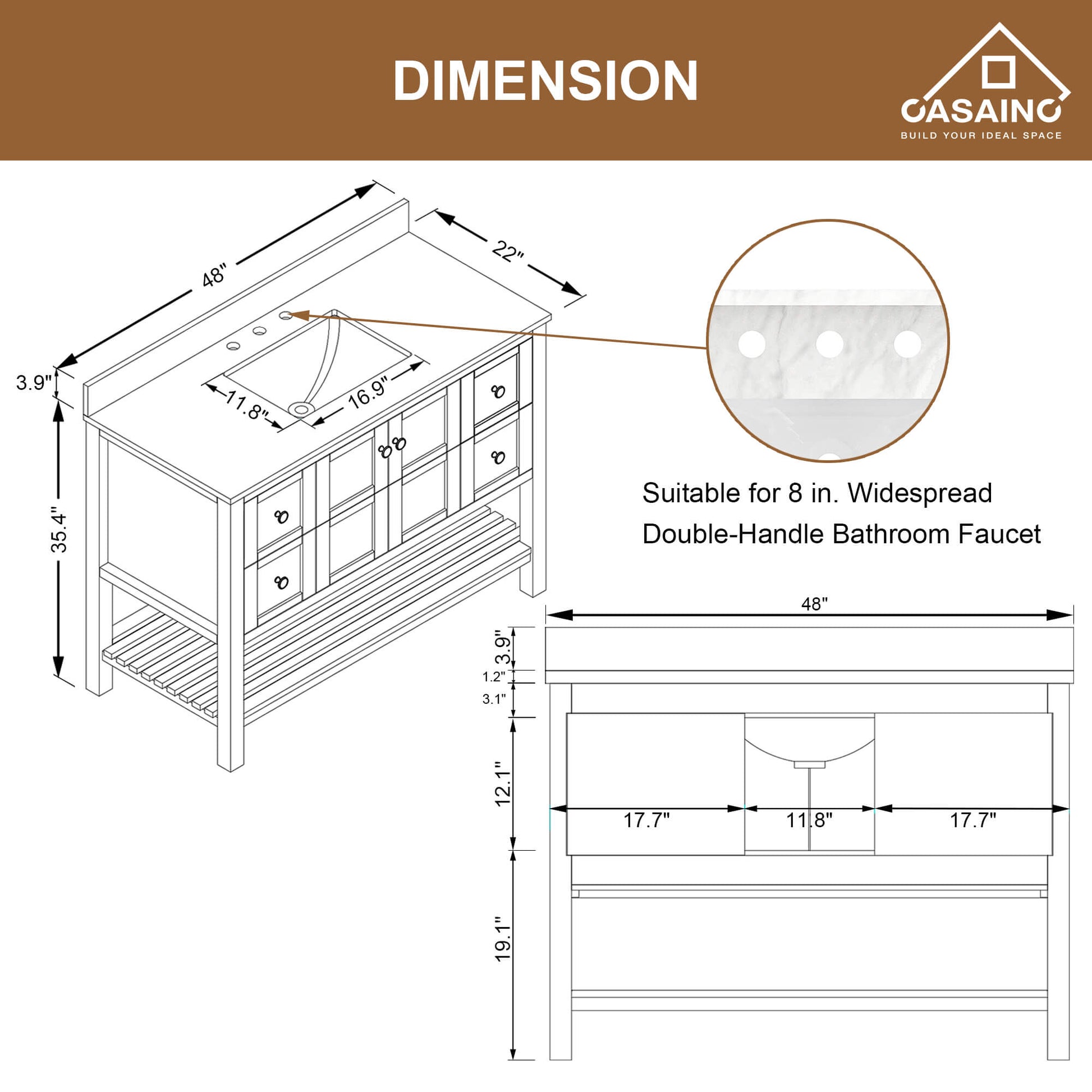CASAINC 48 x 22 x 35.4 in. Solid Wood Navy Blue Bath Vanity with Carrara White Marble Countertop (No/With Mirror)
