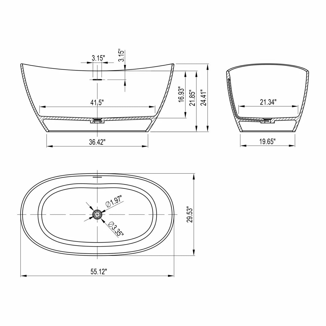 55 Inch Freestanding Solid Surface Soaking Bathtub for Bathroom
