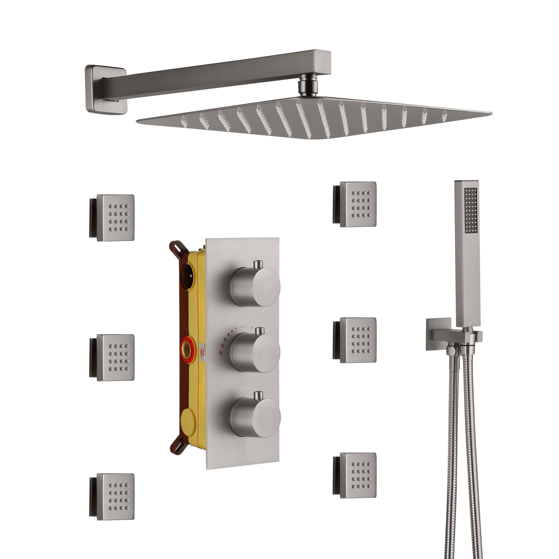 12" Thermostatic Complete Shower System with Rough-in Valve & 6 Body Jets