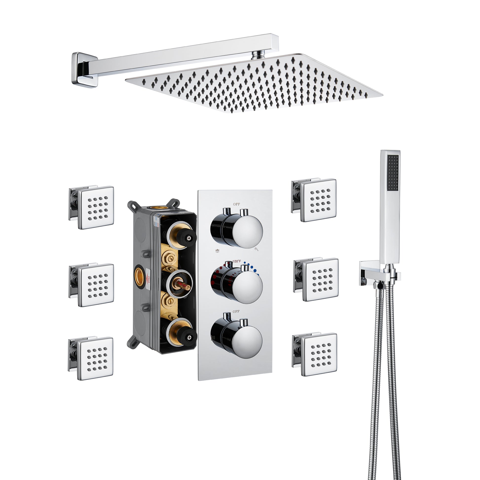 12" Thermostatic Rainfall Shower System with Handheld & Body Jets