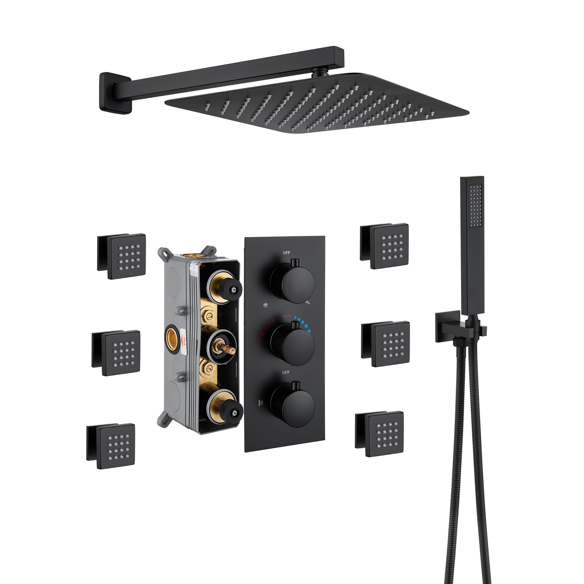 12" Thermostatic Rainfall Shower System with Handheld & Body Jets