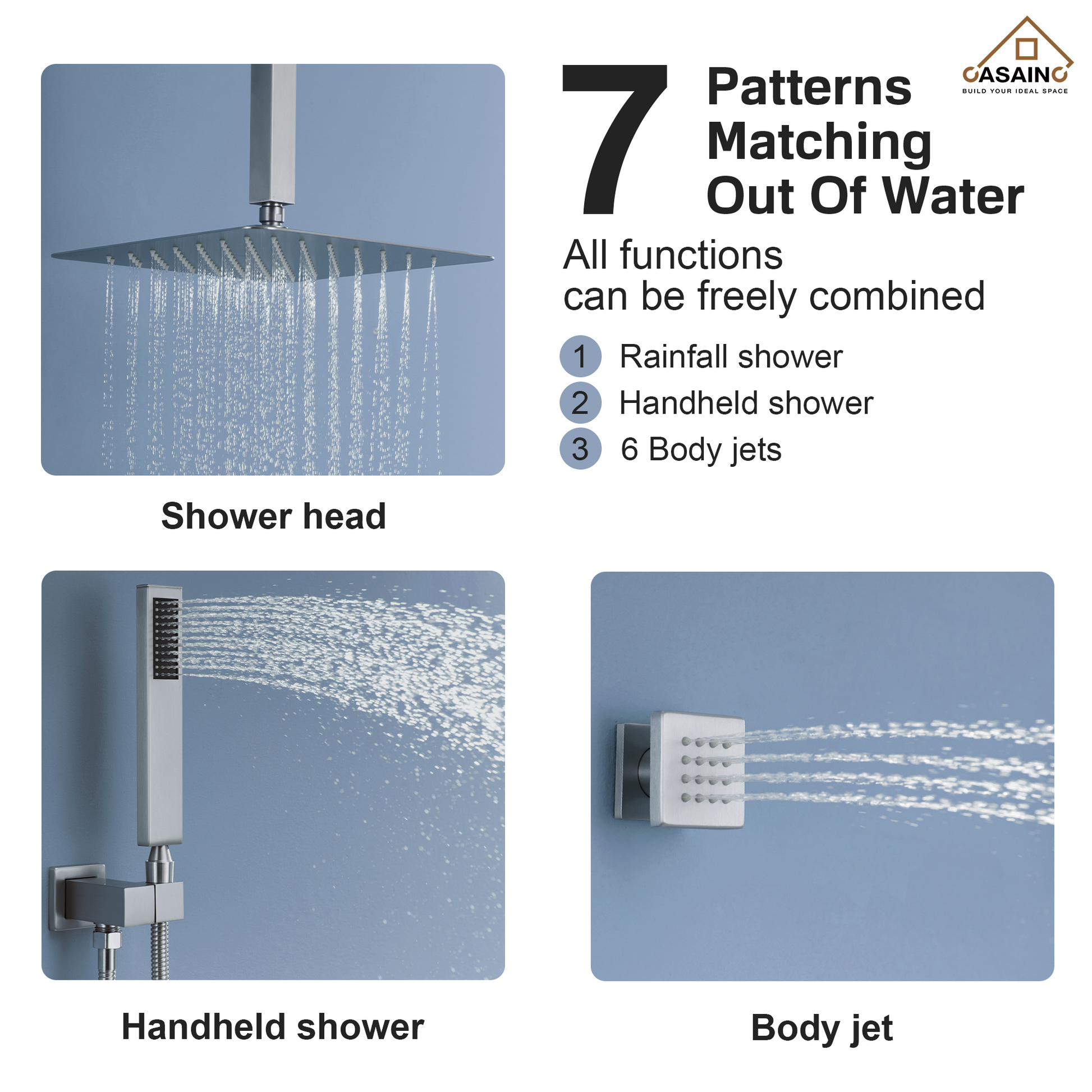 12" Ceiling Mount Rain Shower System with Handheld and Body Jets