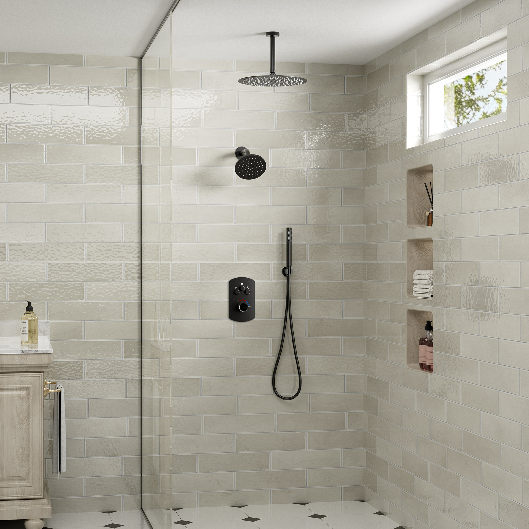 3-Function Shower System with Dual Showerheads and Balancing Valve