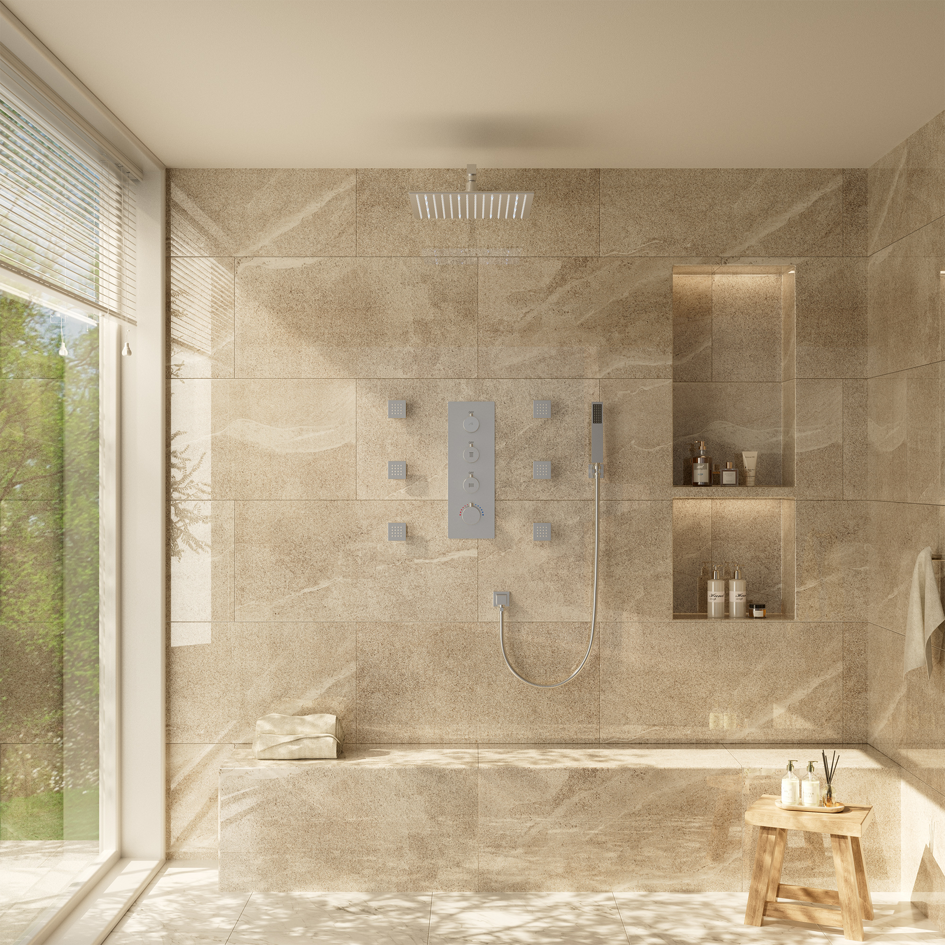 12" Thermostatic LED Shower System Wall-Mount Rain Showerhead with 6 Body Jets