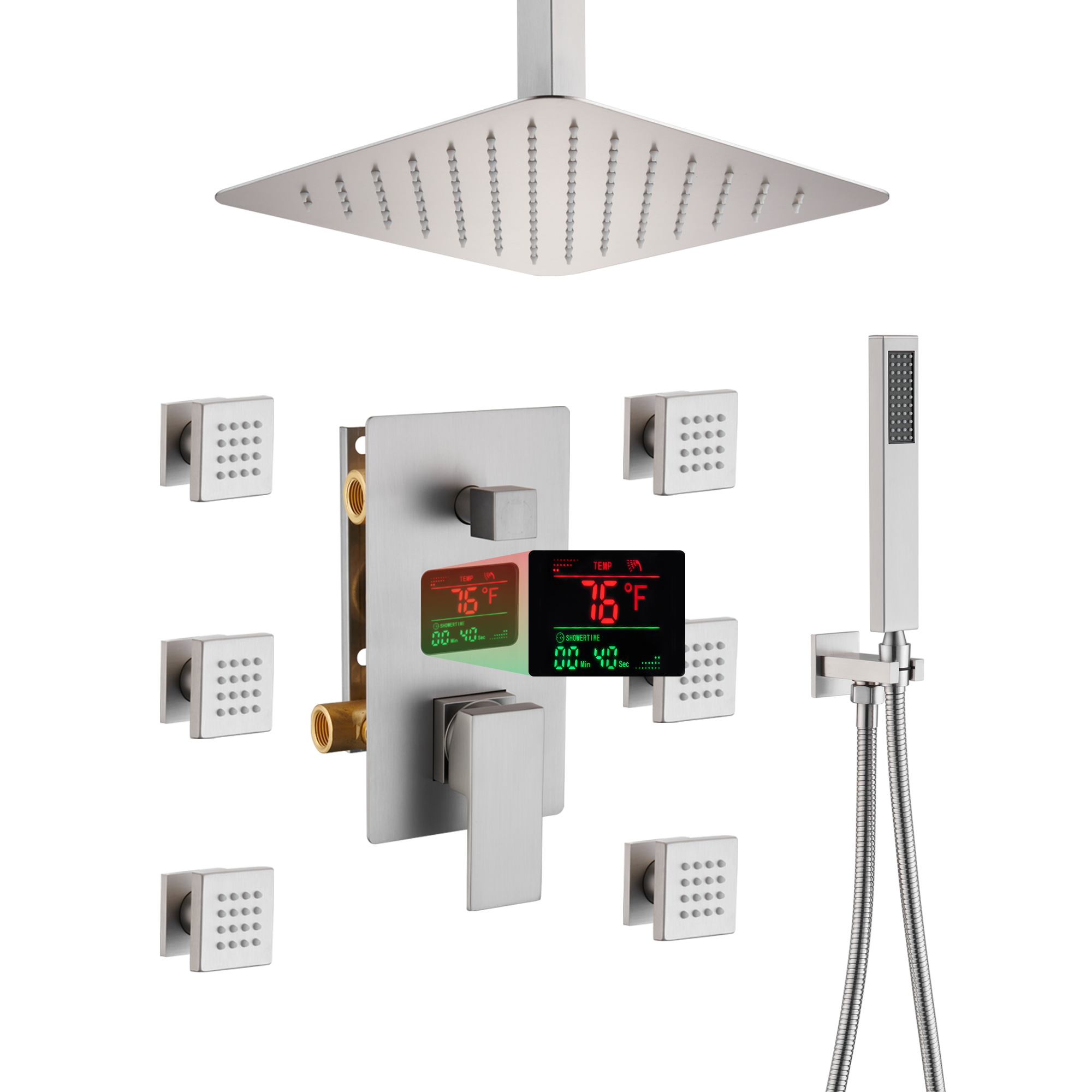12" Ceiling-Mounted Shower System with Digital Display & 6 Body Jets