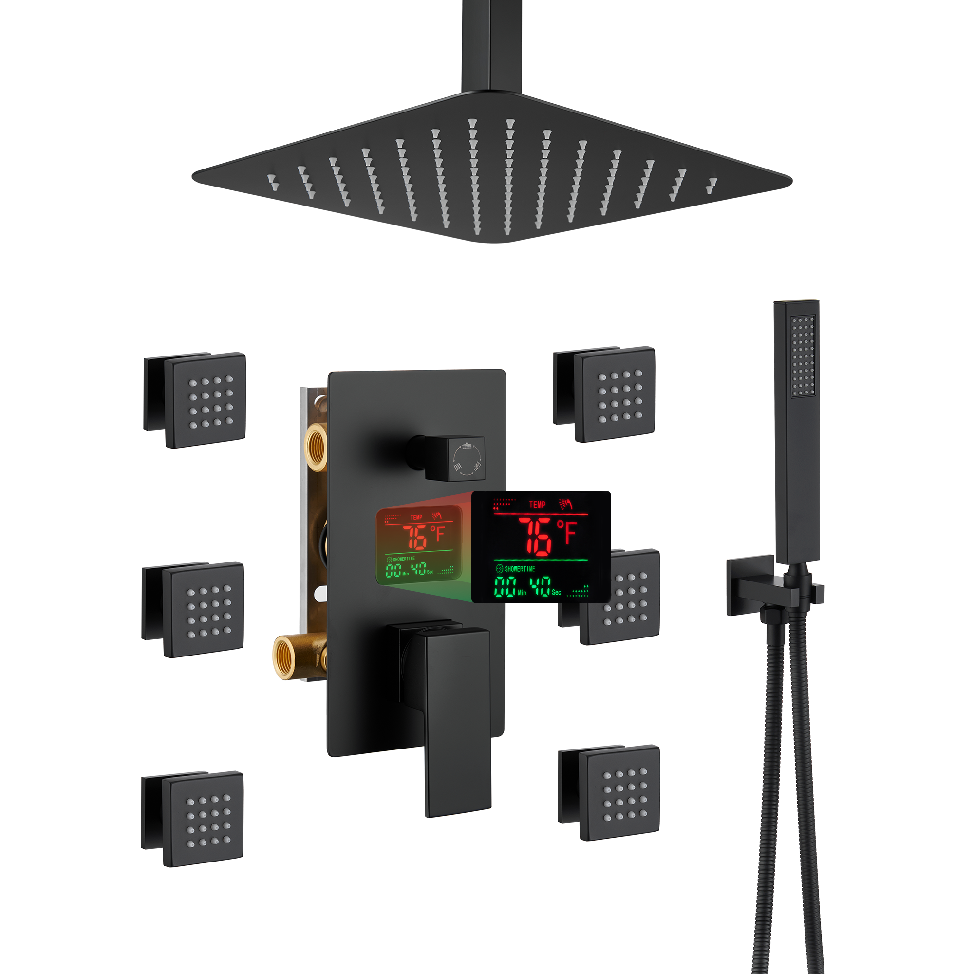 12" Ceiling-Mounted Shower System with Digital Display & 6 Body Jets