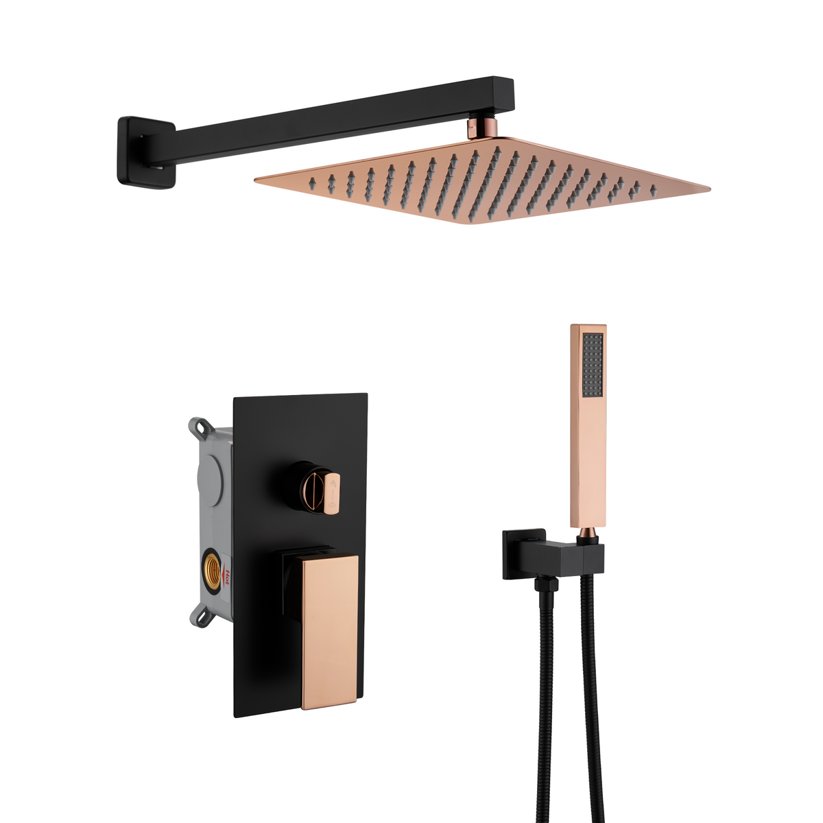 10” Rose Gold and Black Wall-Mounted Shower System with Handheld Shower