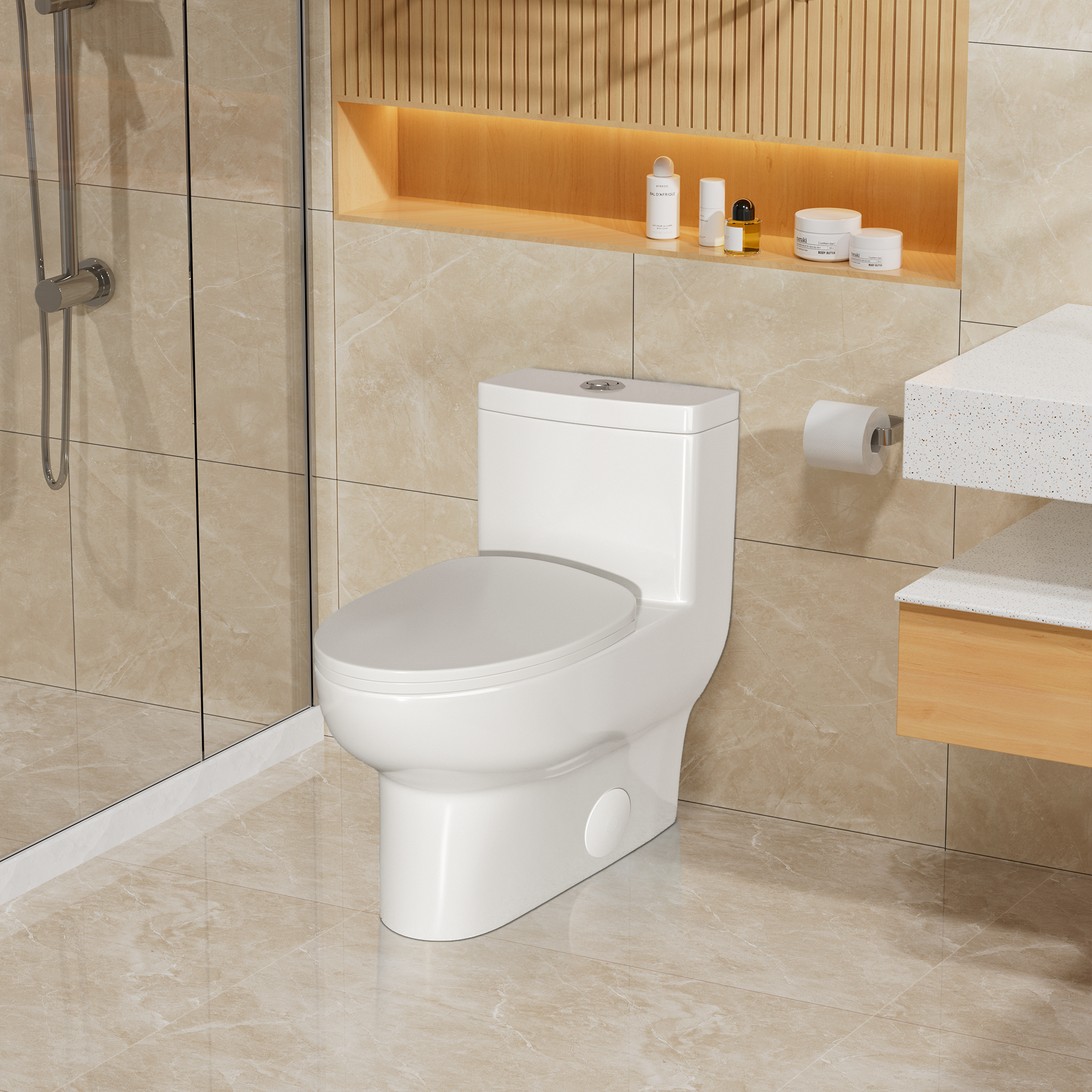 White Elongated One-Piece Toilet with Dual Flush and Seat Included