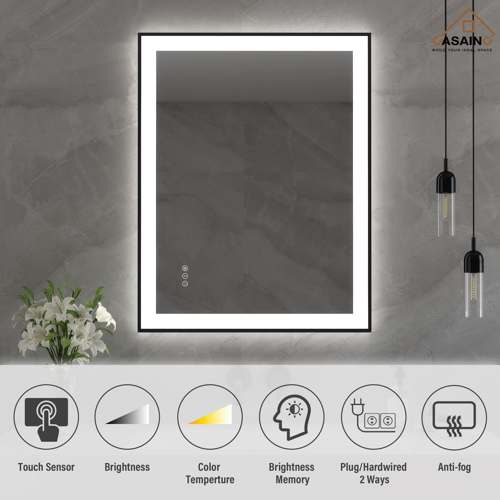 Tempered Glass LED Mirror with Aluminum Frame for Bathroom Vanity